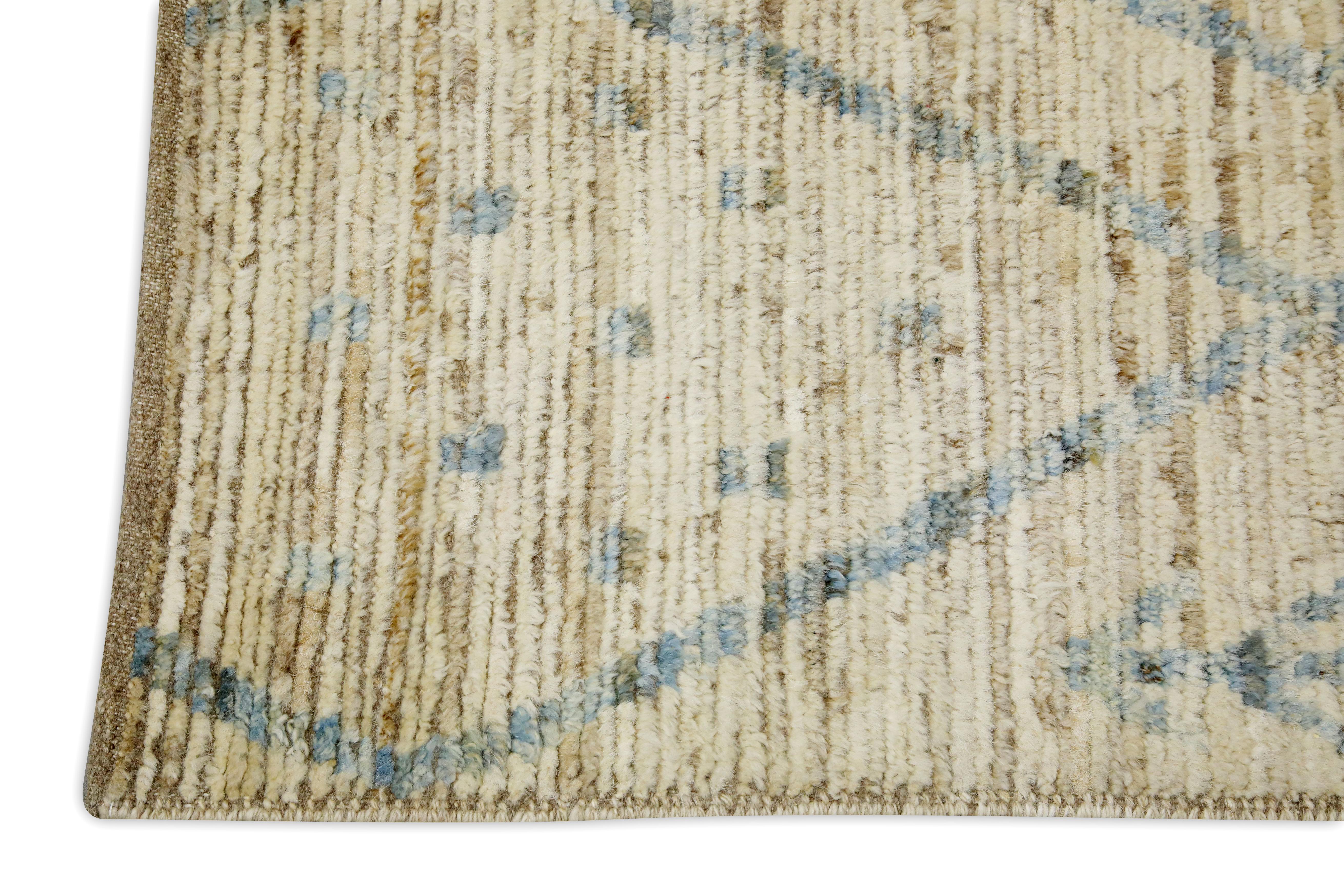 Vegetable Dyed Beige & Blue Handmade Wool Modern Turkish Rug in Geometric Design 8'5