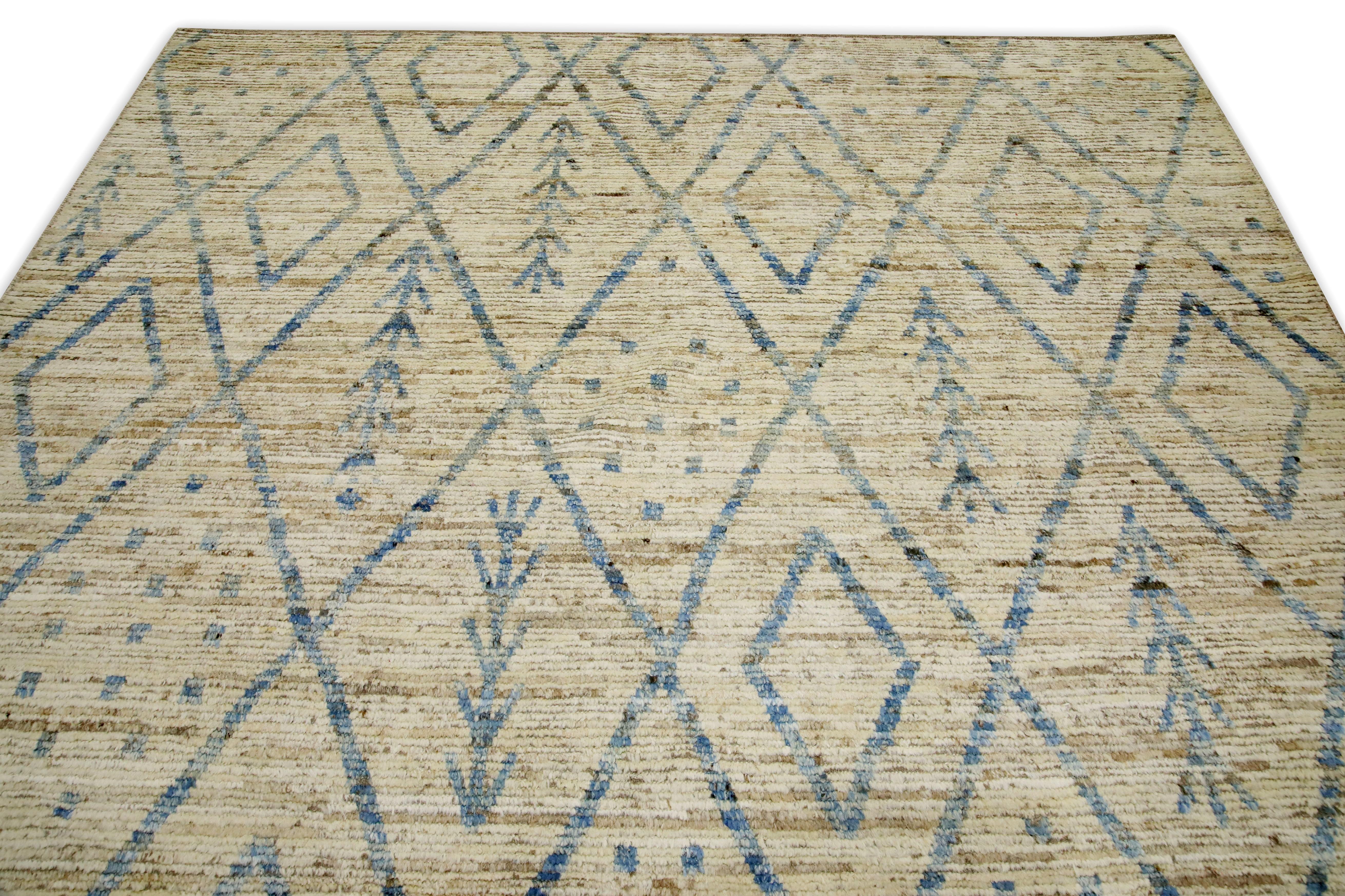 Beige & Blue Handmade Wool Modern Turkish Rug in Geometric Design 8'5