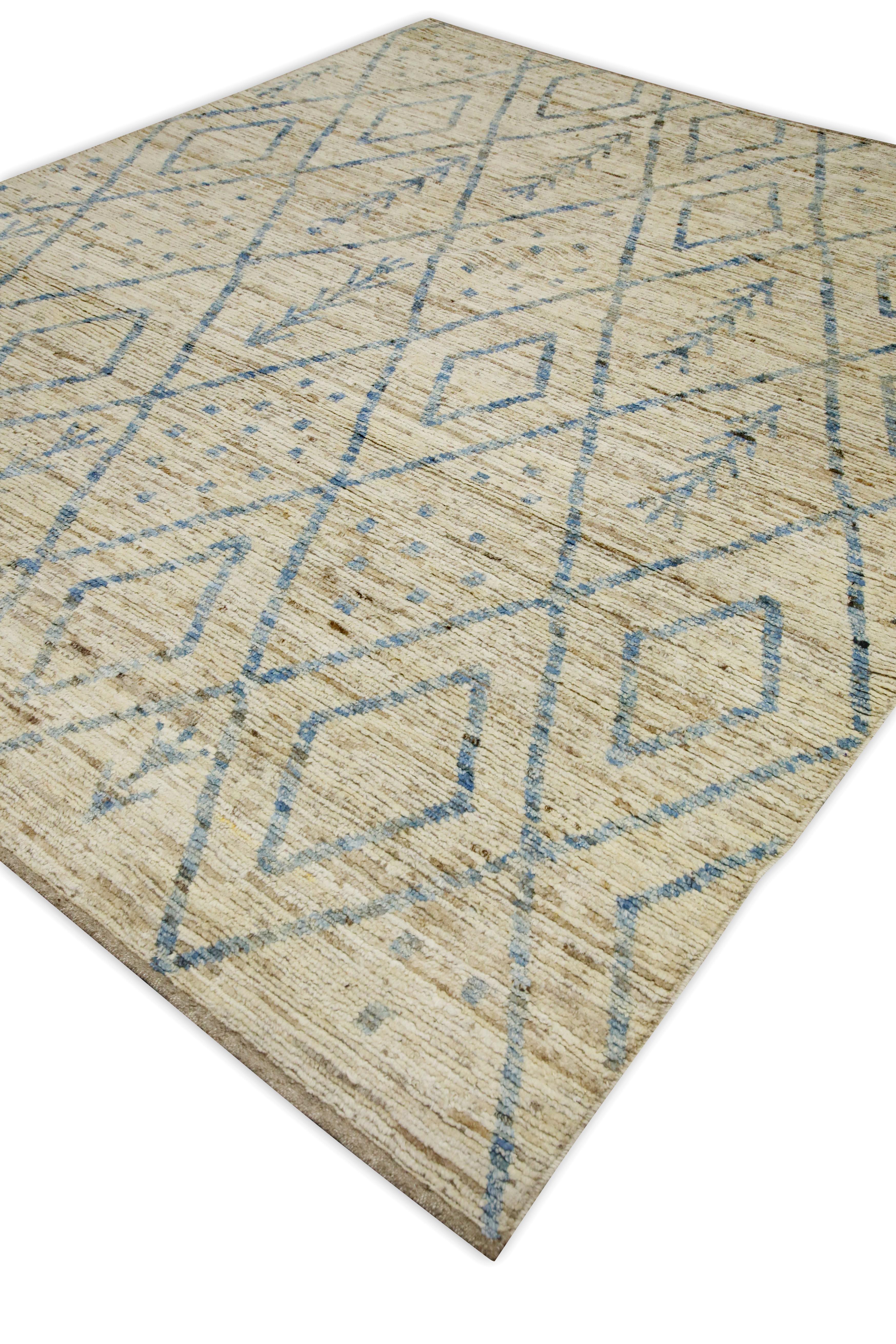 Contemporary Beige & Blue Handmade Wool Modern Turkish Rug in Geometric Design 8'5