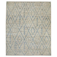 Beige & Blue Handmade Wool Modern Turkish Rug in Geometric Design 8'5" x 9'11"