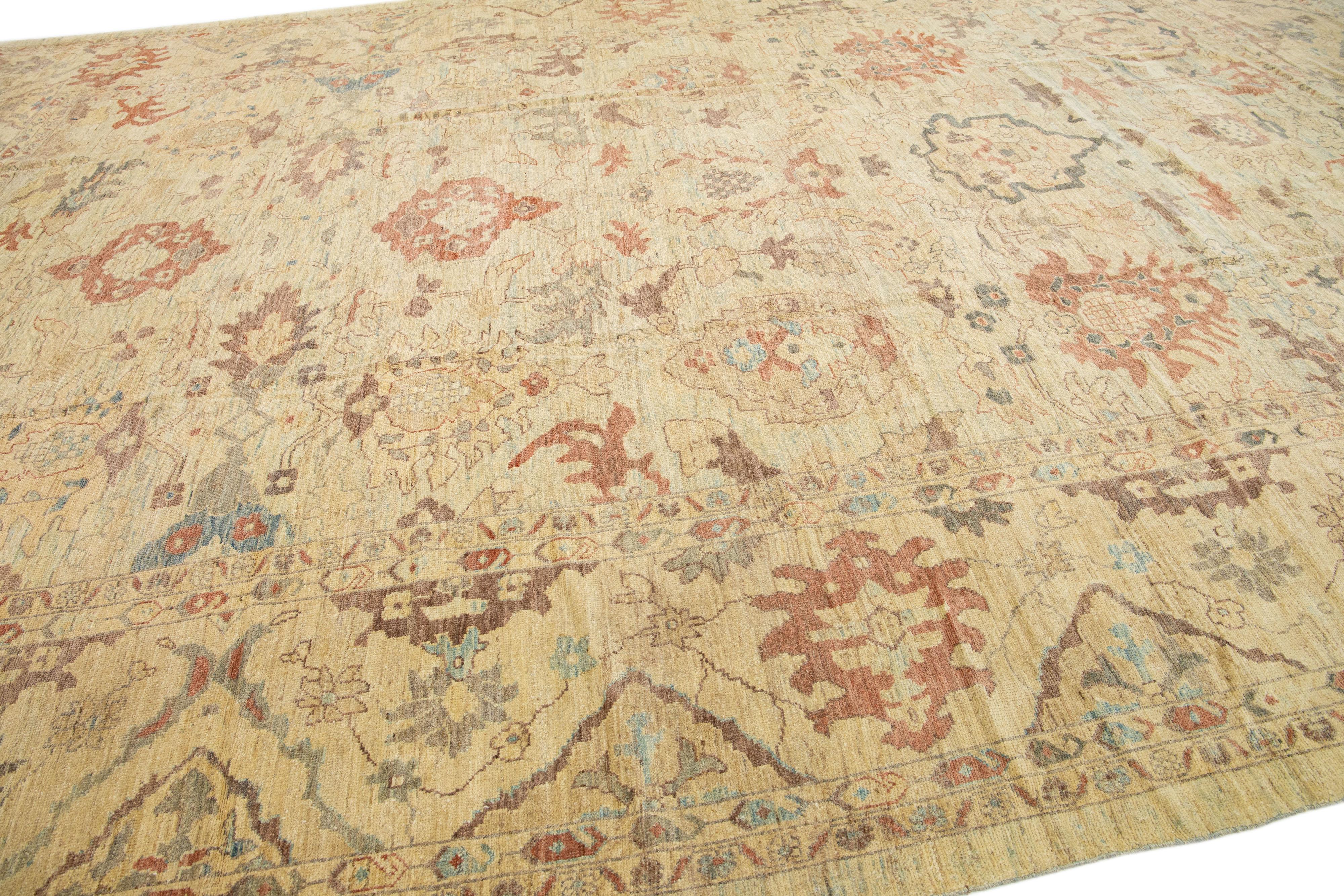 Hand-Knotted Beige & Blue Modern Sultanabad Handmade Floral Designed Wool Rug For Sale