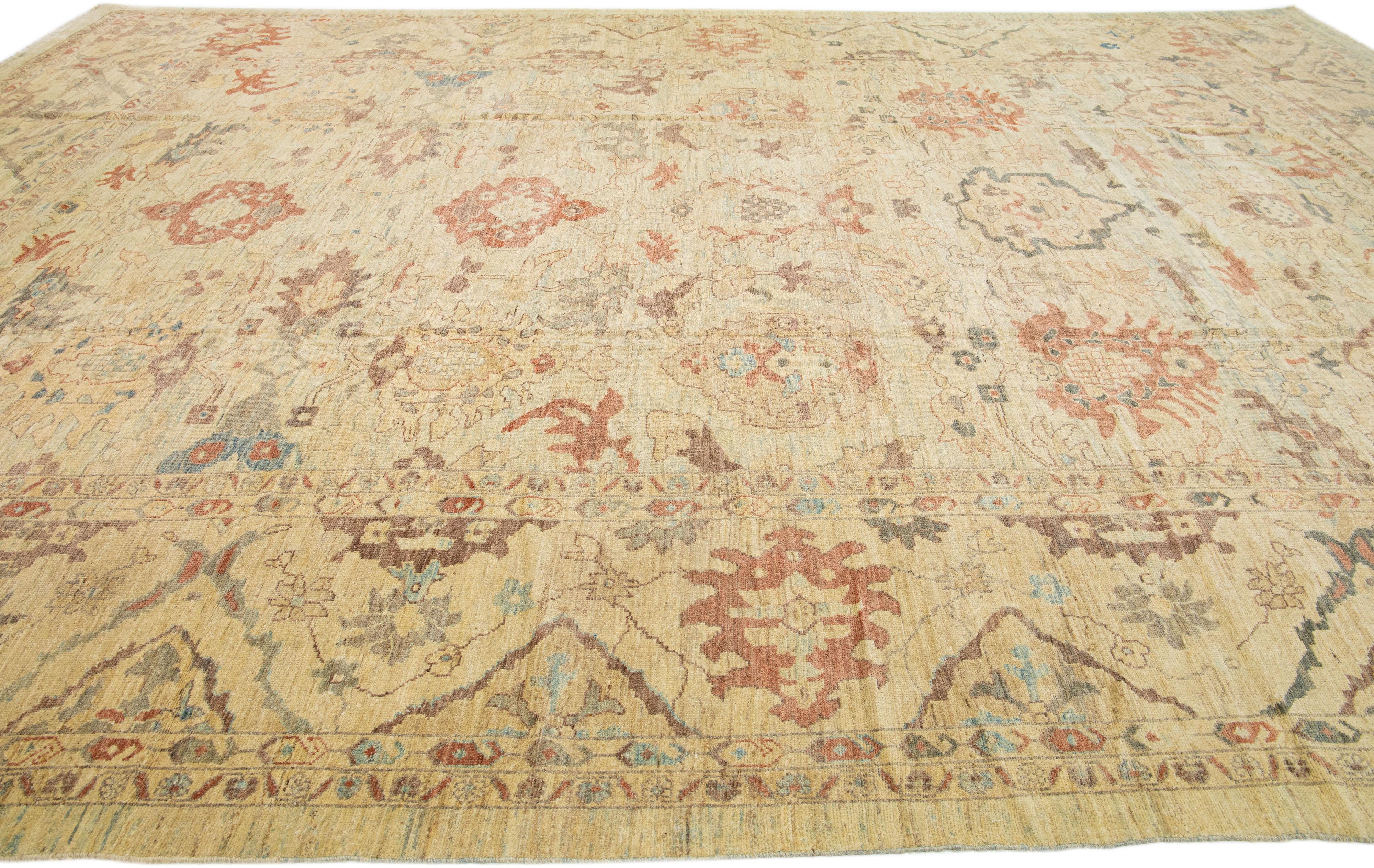 Beige & Blue Modern Sultanabad Handmade Floral Designed Wool Rug In New Condition For Sale In Norwalk, CT