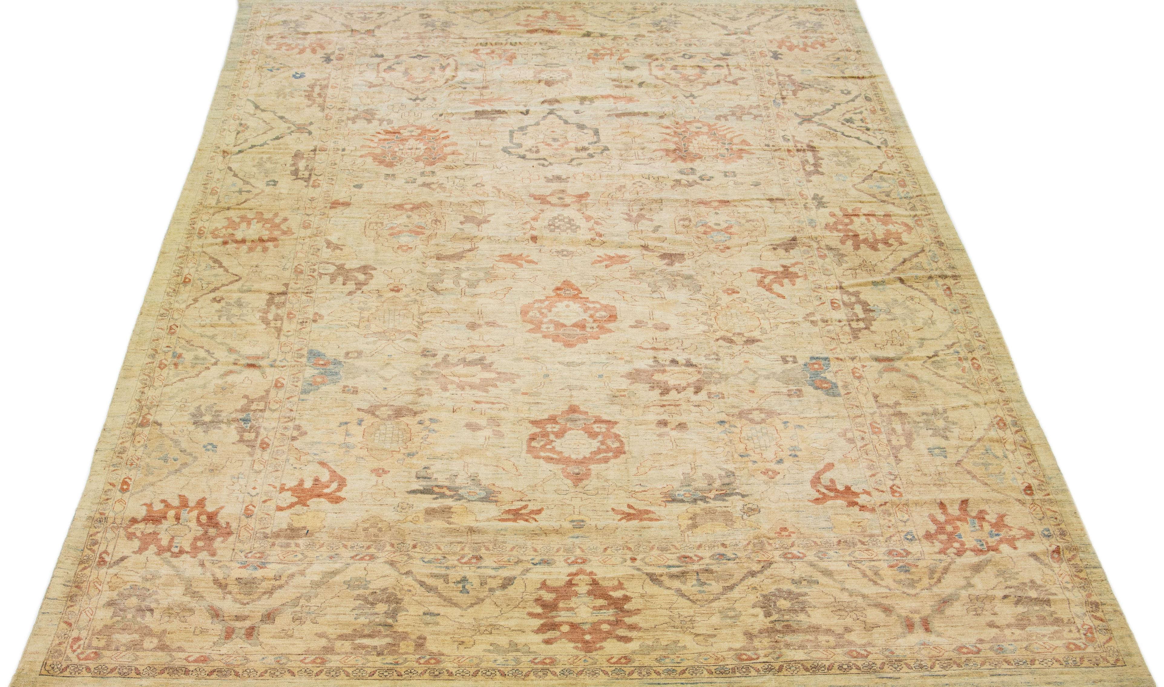 Contemporary Beige & Blue Modern Sultanabad Handmade Floral Designed Wool Rug For Sale