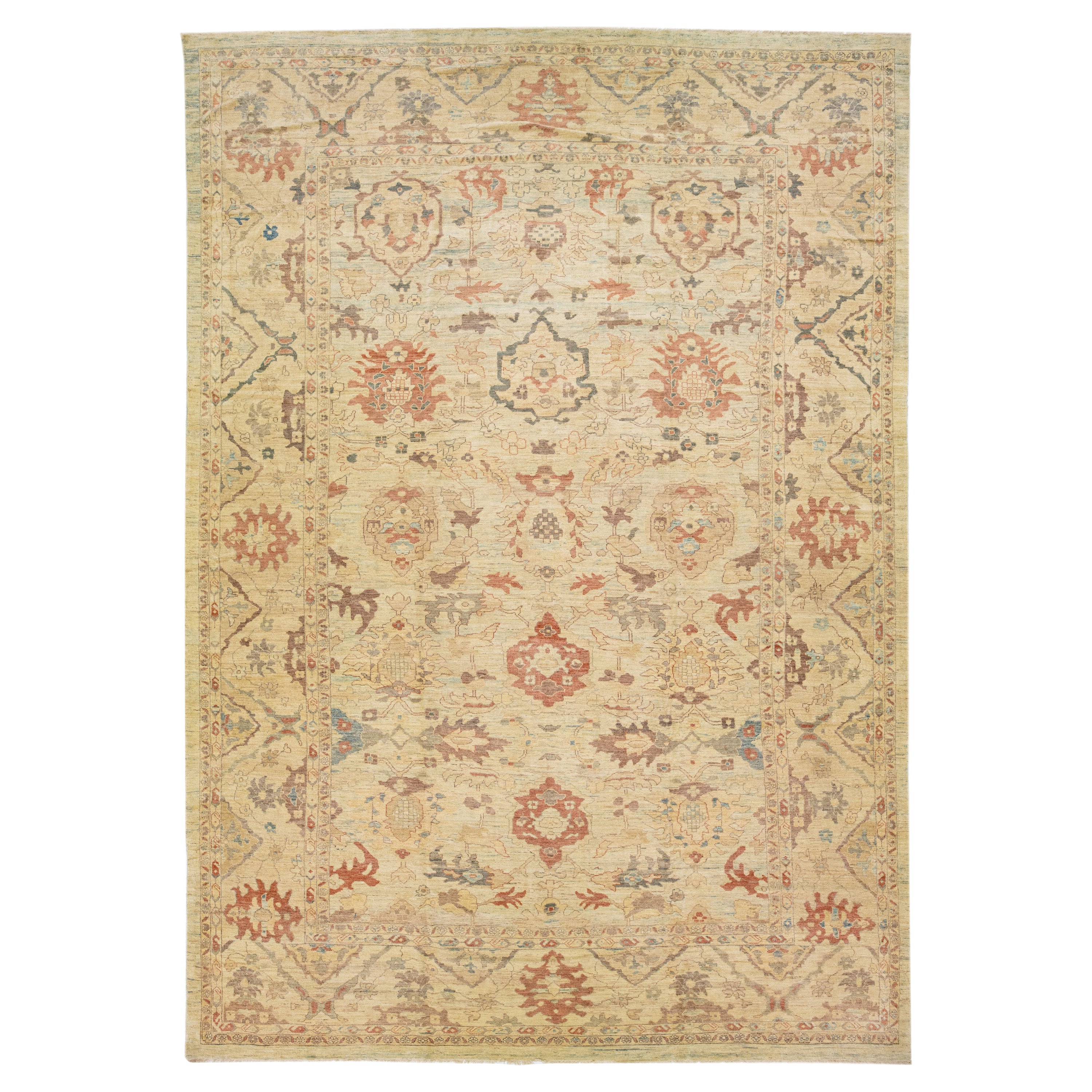 Tappeto di lana moderno Sultanabad Rugs beige e blu con disegno floreale fatto a mano in vendita