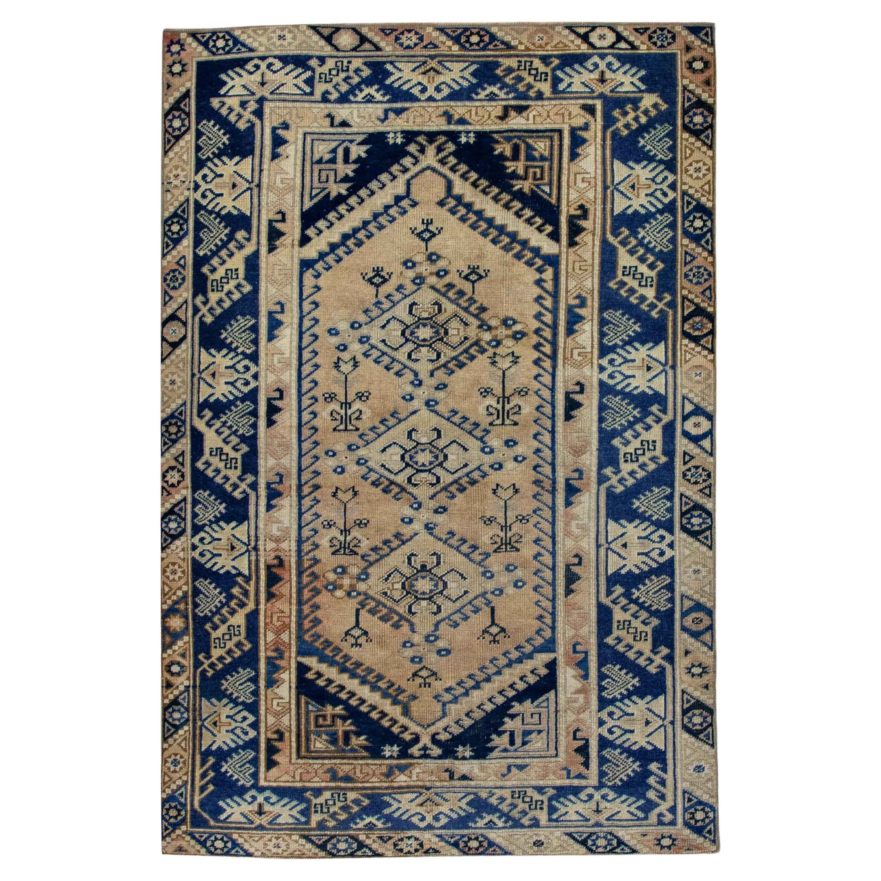 Beige & Blue Vintage Turkish Rug 3'11" x 6' For Sale