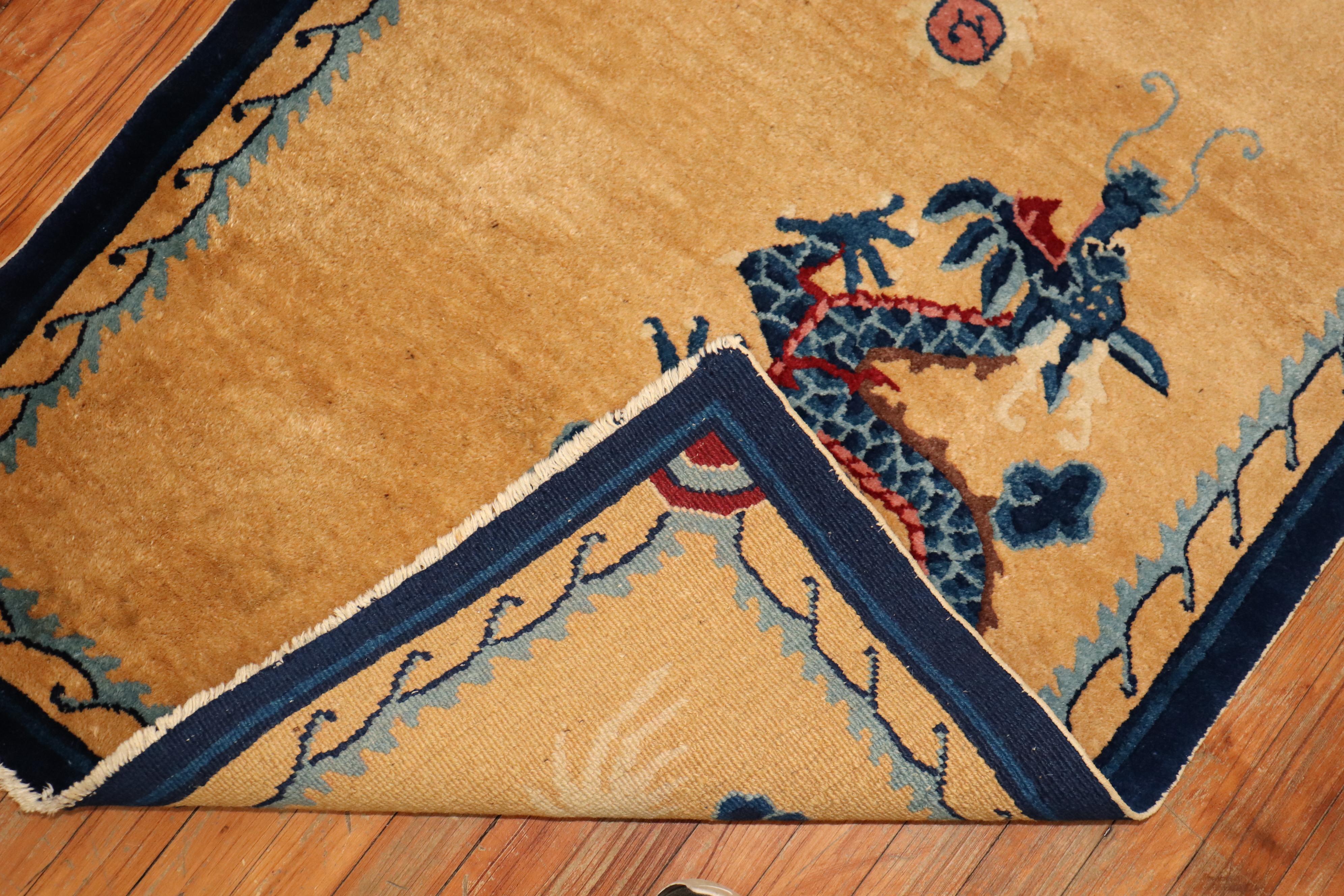 Hand-Knotted Beige Blue Wool Tibetan Double Dragon Rug