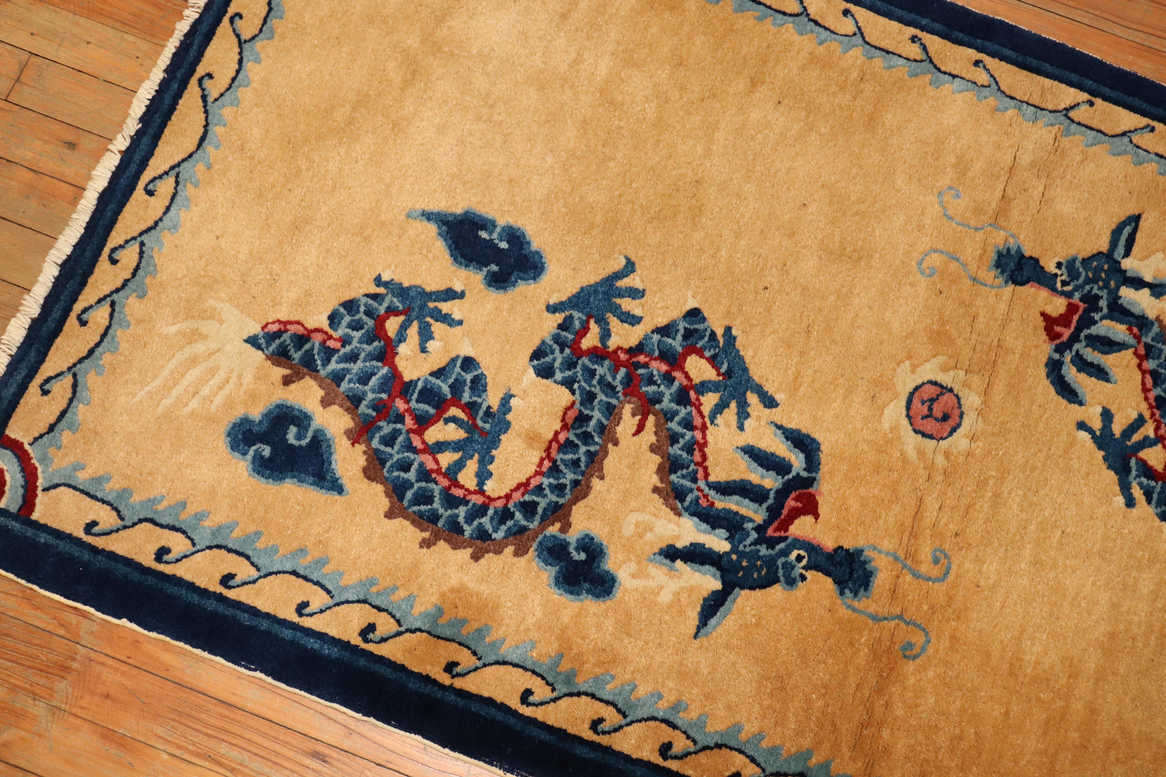 20th Century Beige Blue Wool Tibetan Double Dragon Rug