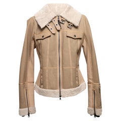 Giacca con zip in pelle e shearling beige di Bogner, taglia US 10