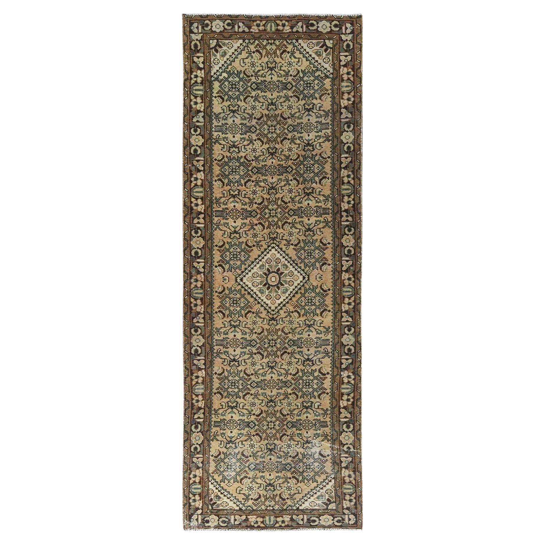 Beige Bohemian Vintage Persian Hamadan Clean Pure Wool Hand Knotted Rug For Sale