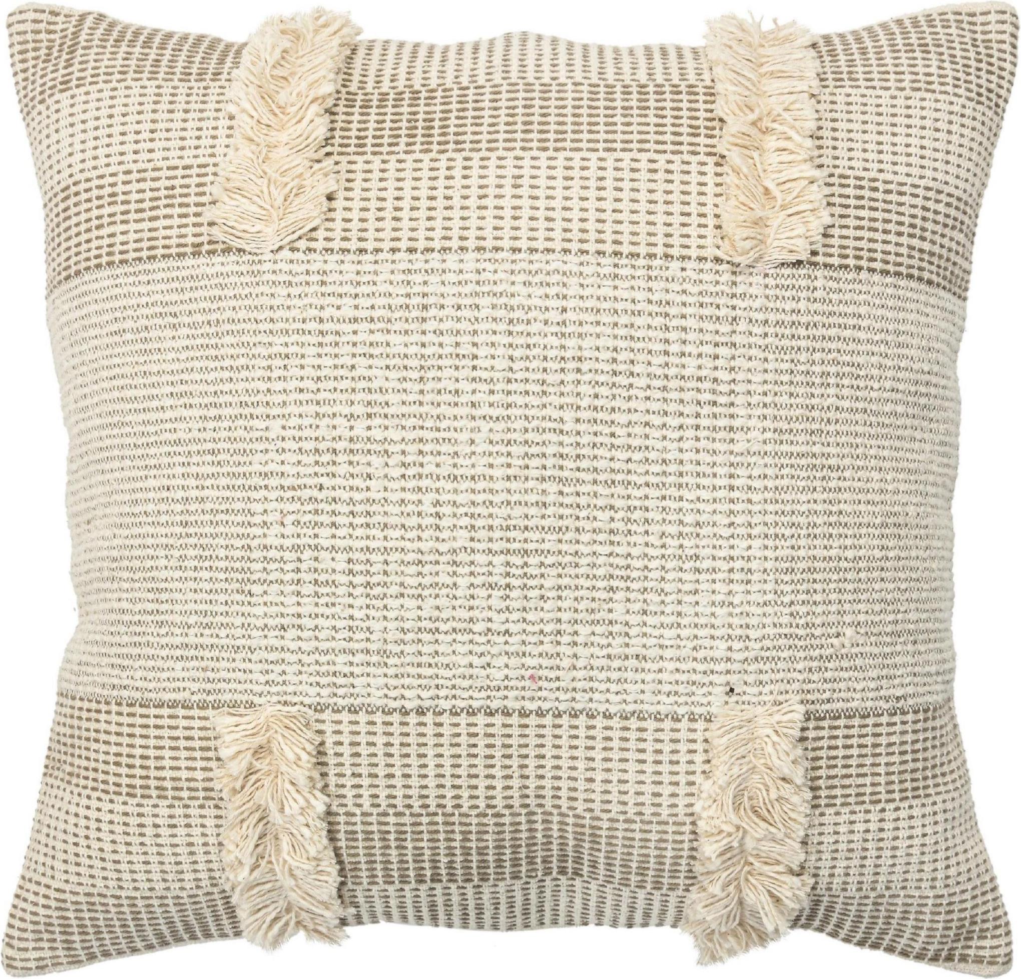 Hand-Knotted Beige Boho Chic Style Contemporary Wool and Cotton Pillow For Sale