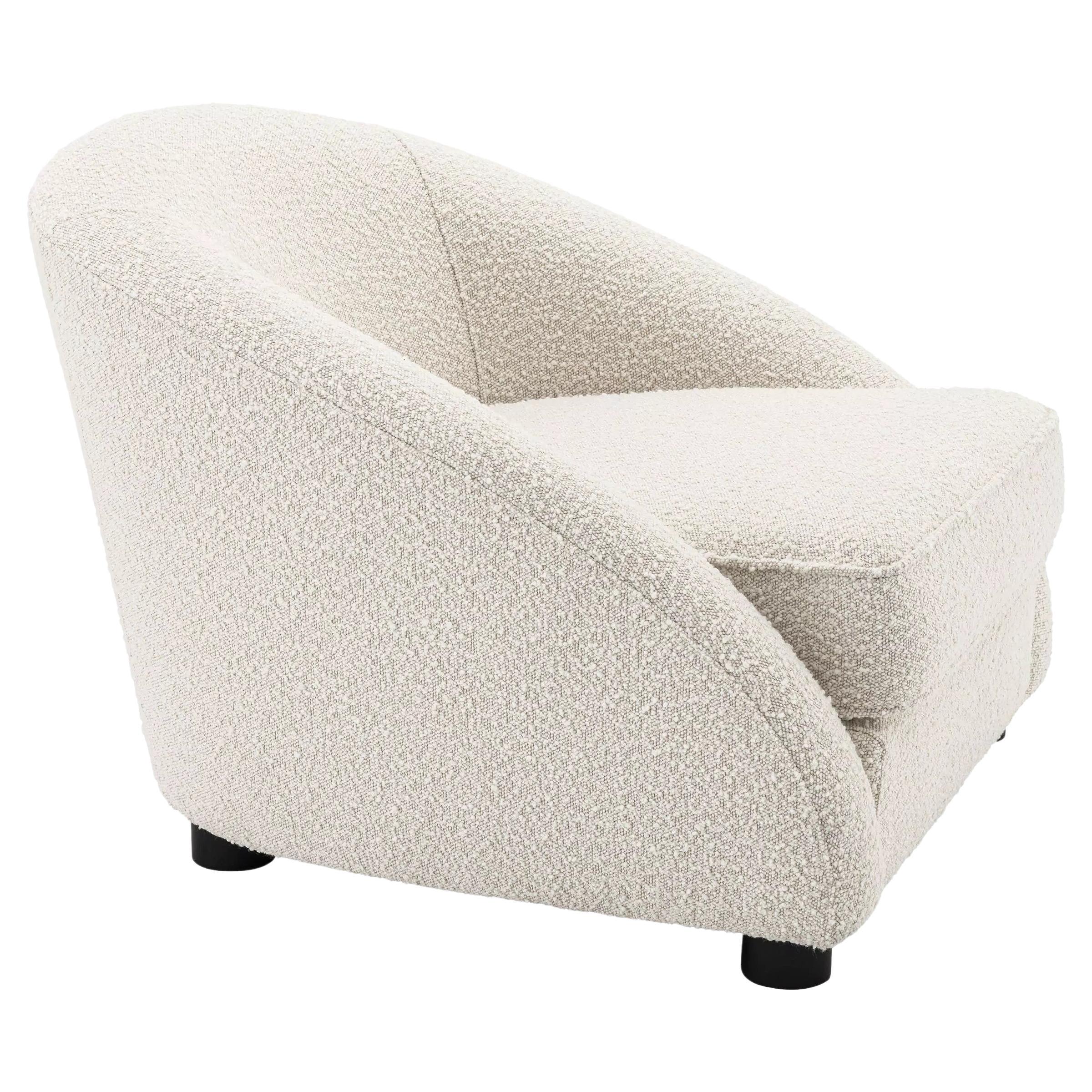 Beige Bouclé Fabric and Black Wooden Feet Curved Armchair For Sale