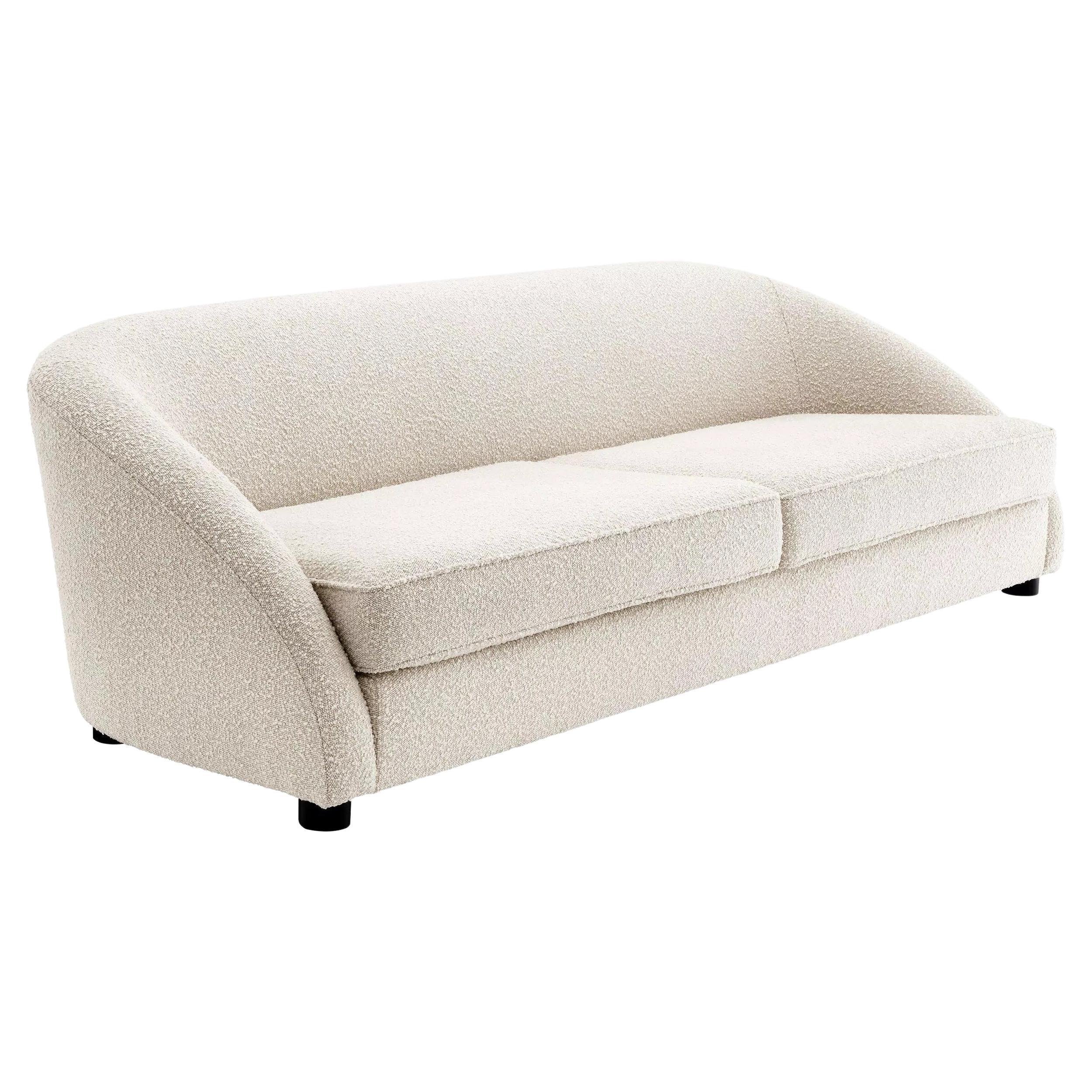 Gebogenes Sofa aus beigem Bouclé-Stoff und schwarzen Holzfüßen im Angebot