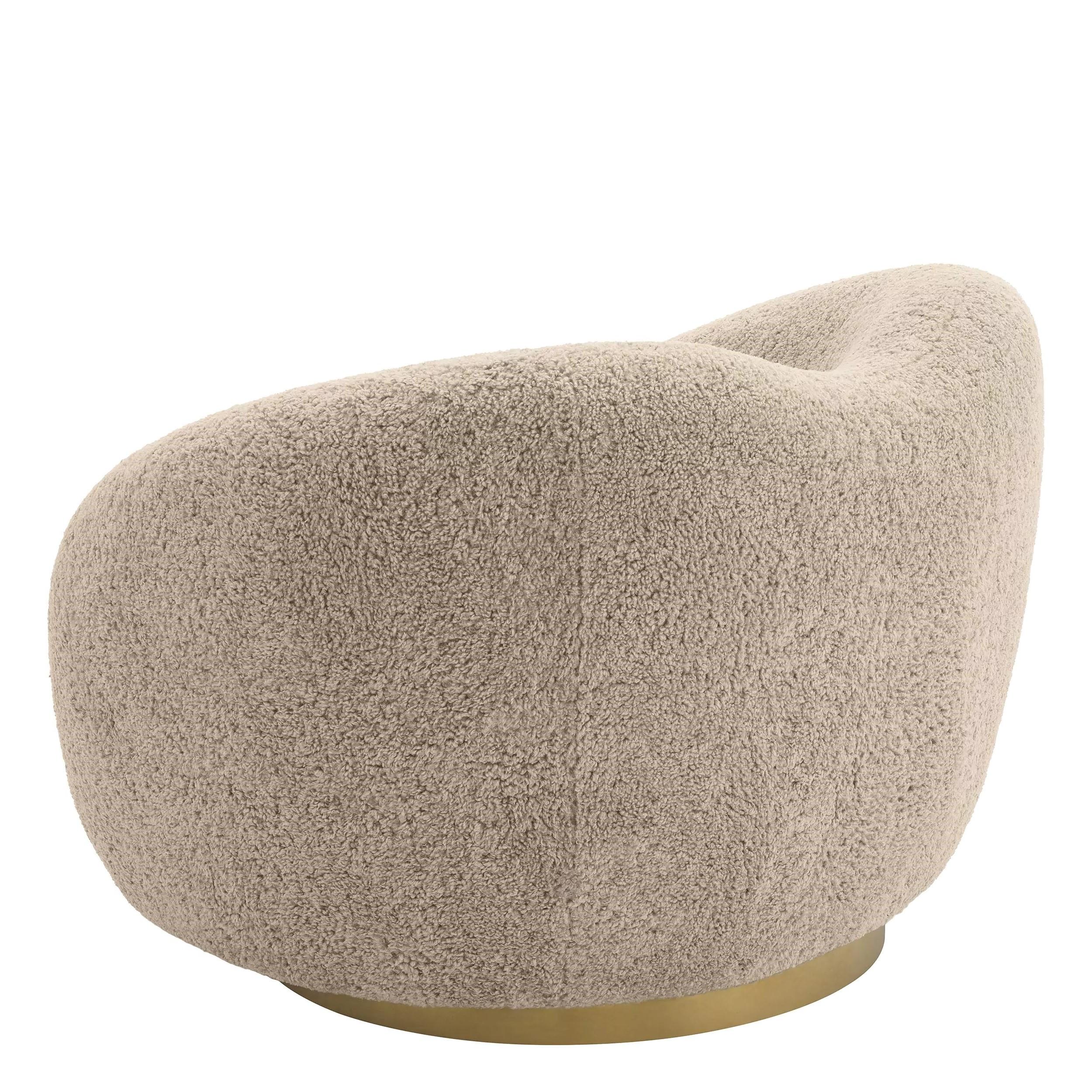 Mid-Century Modern Beige Bouclé Fabric and Brass Finishes Swivel and Curved Armchair For Sale
