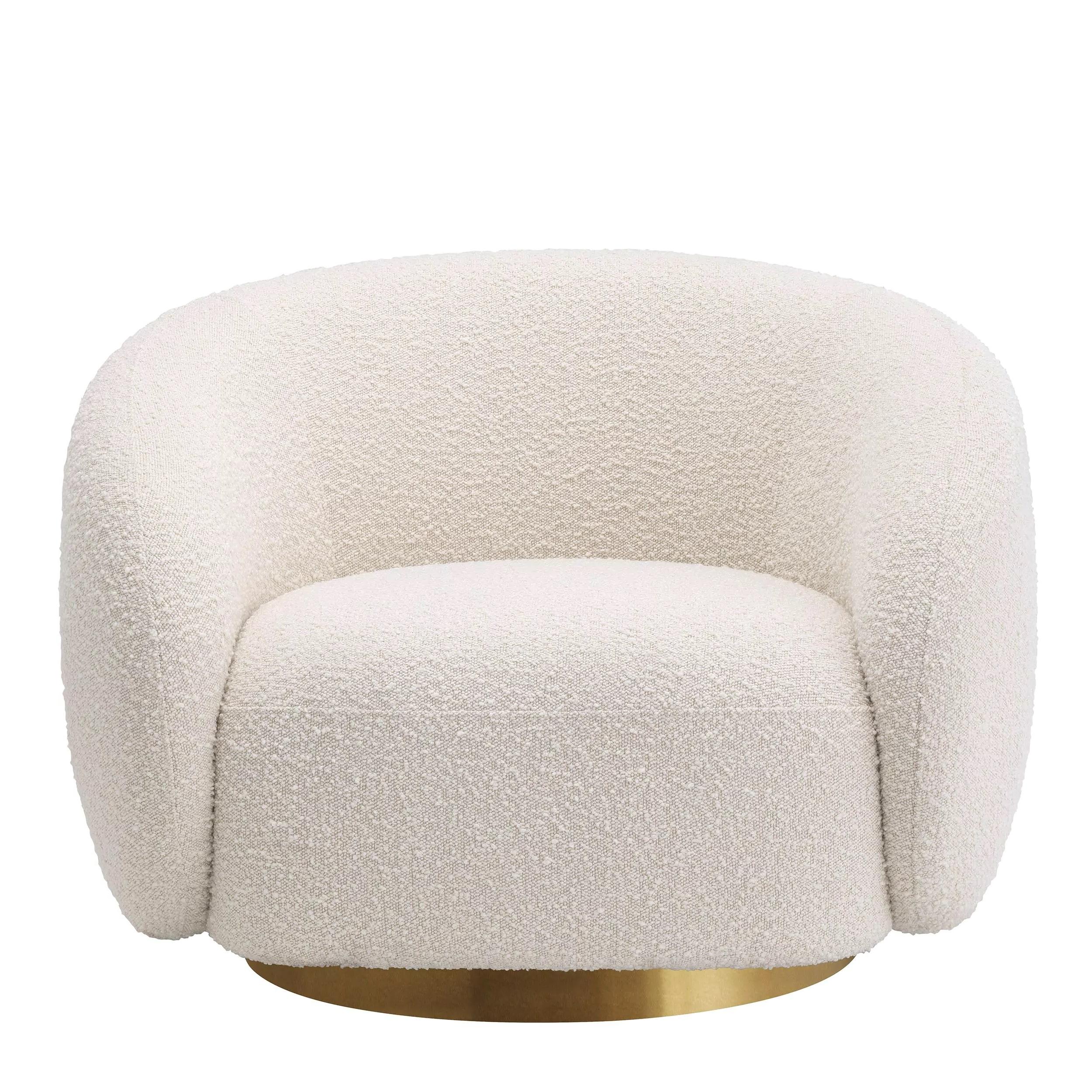 Contemporary Beige Bouclé Fabric and Brass Finishes Swivel and Curved Armchair For Sale