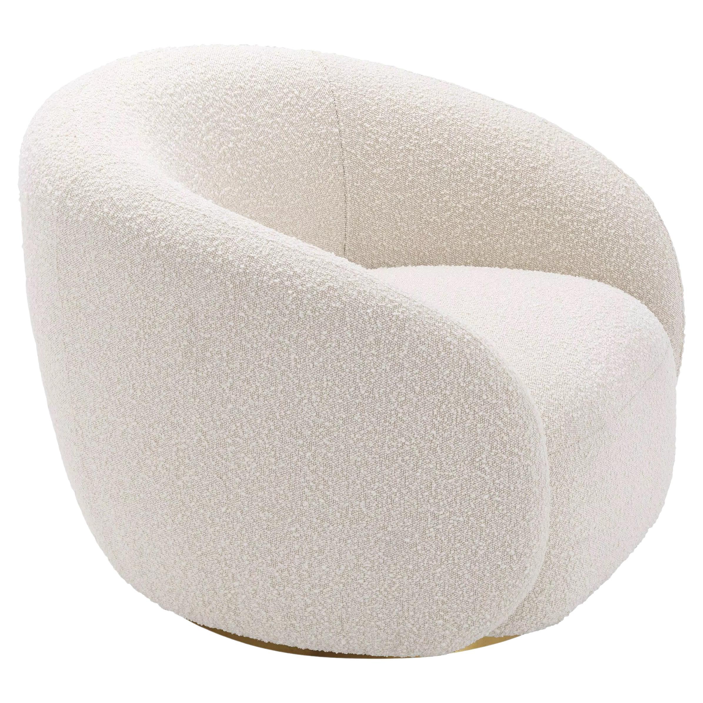 Beige Bouclé Fabric and Brass Finishes Swivel and Curved Armchair For Sale