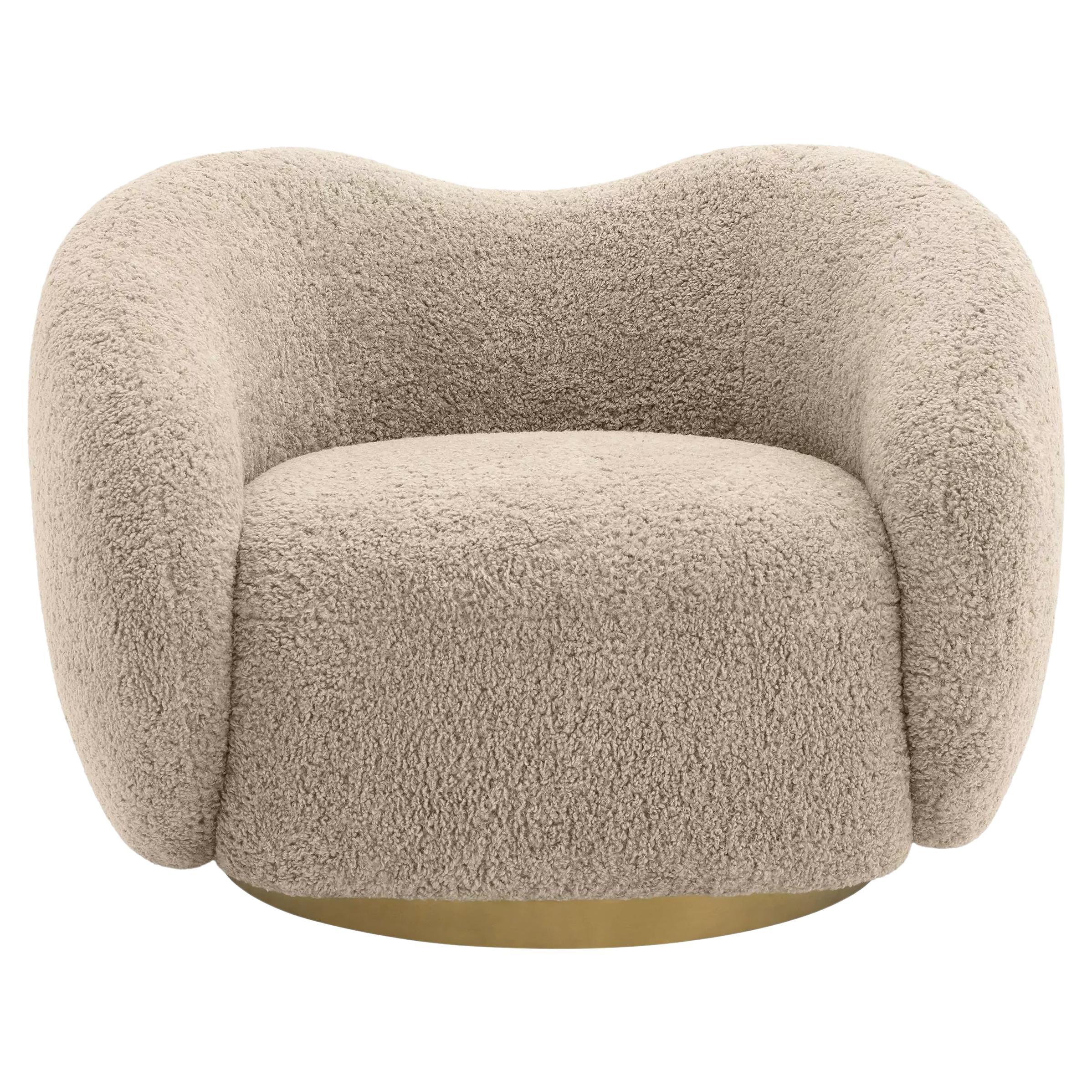 Beige Bouclé Fabric and Brass Finishes Swivel and Curved Armchair For Sale