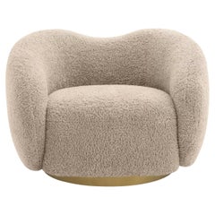 Beige Bouclé Fabric and Brass Finishes Swivel and Curved Armchair