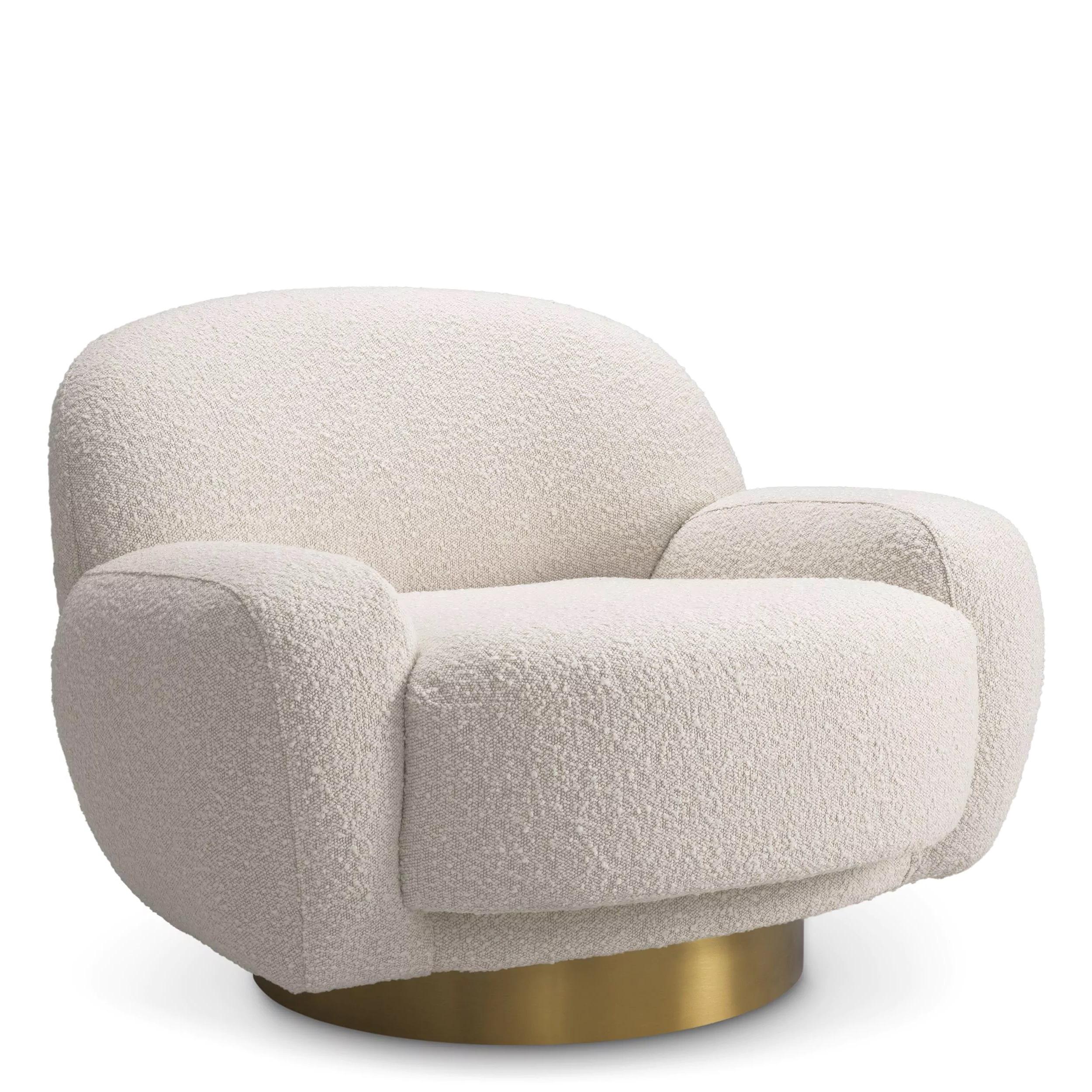 Mid-Century Modern Beige Bouclé Fabric and Brass Finishes Swivel Armchair For Sale