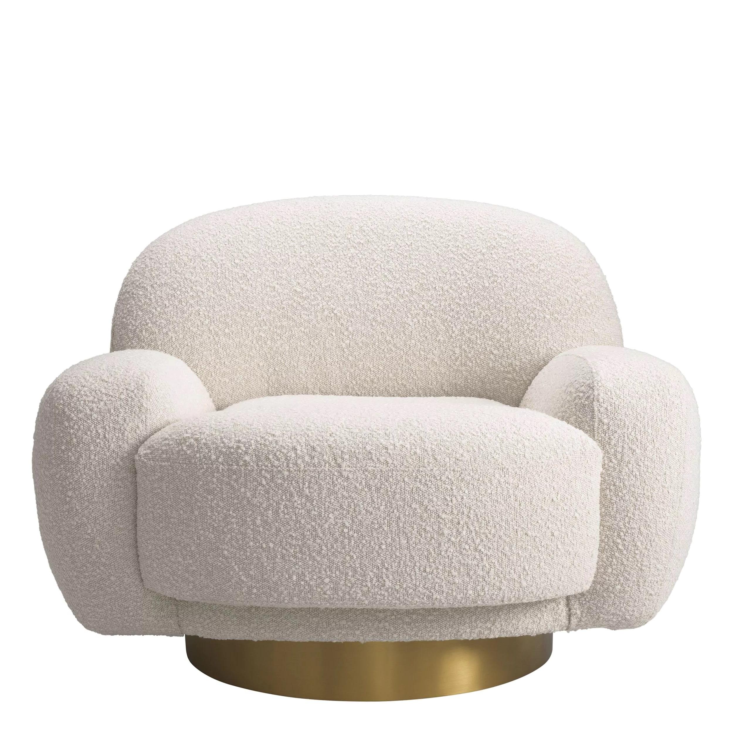 Contemporary Beige Bouclé Fabric and Brass Finishes Swivel Armchair For Sale