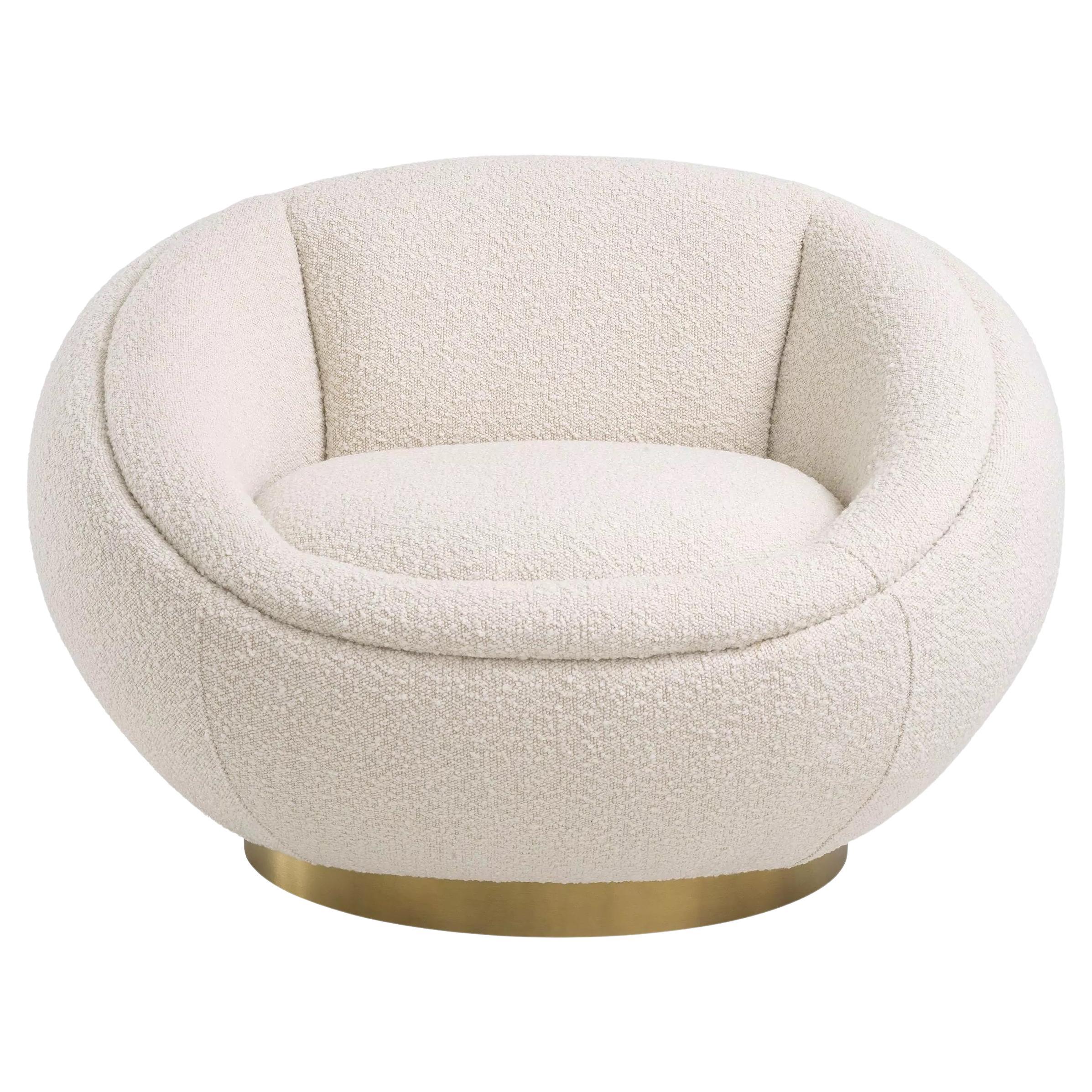 Beige Bouclé Fabric and Brass Finishes Swivel Armchair