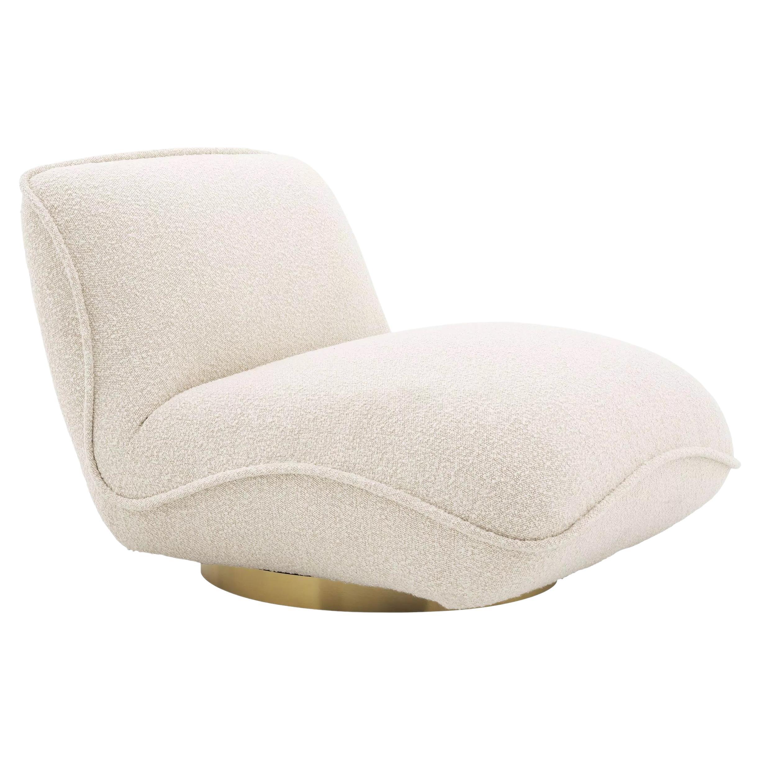 Beige Bouclé Fabric and Brass Finishes Swivel Armchair For Sale