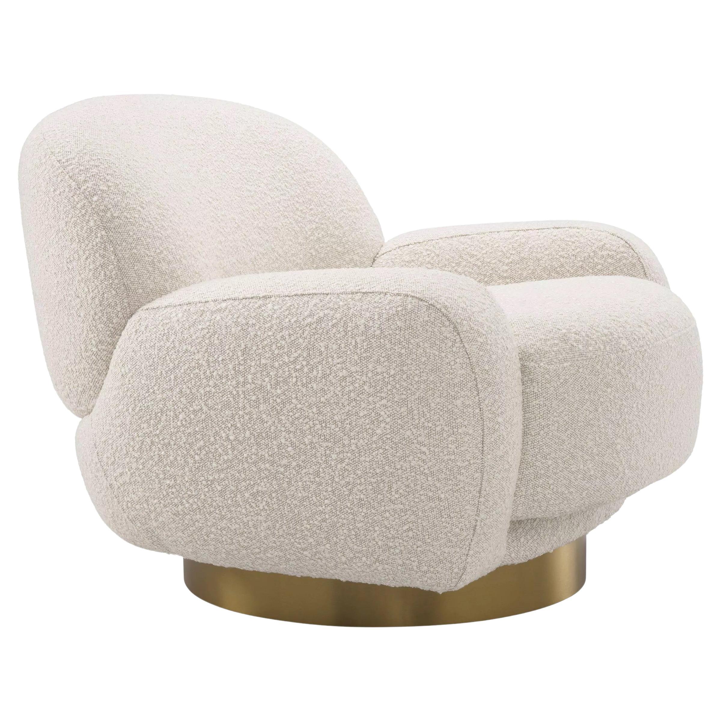 Beige Bouclé Fabric and Brass Finishes Swivel Armchair For Sale