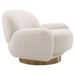 Beige Bouclé Fabric and Brass Finishes Swivel Armchair