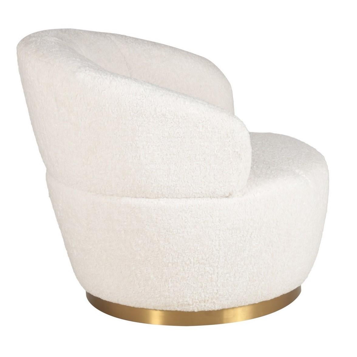 Beige bouclé mohair effect fabric with gold touch welcoming, round and comfy armchair in Art Deco style.