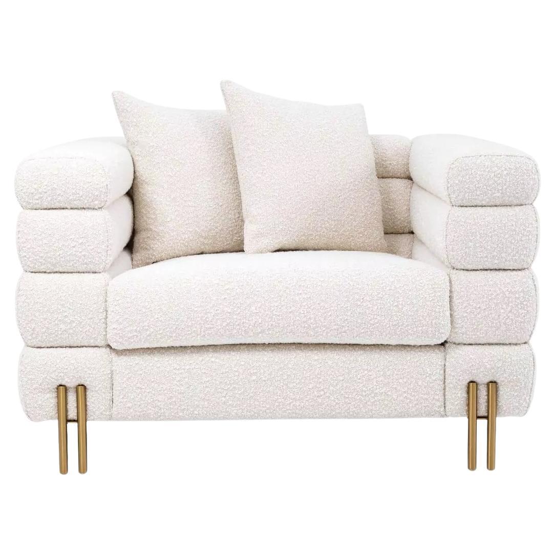 Beige Bouclé Fabric with Brass Metal Finishes Armchair