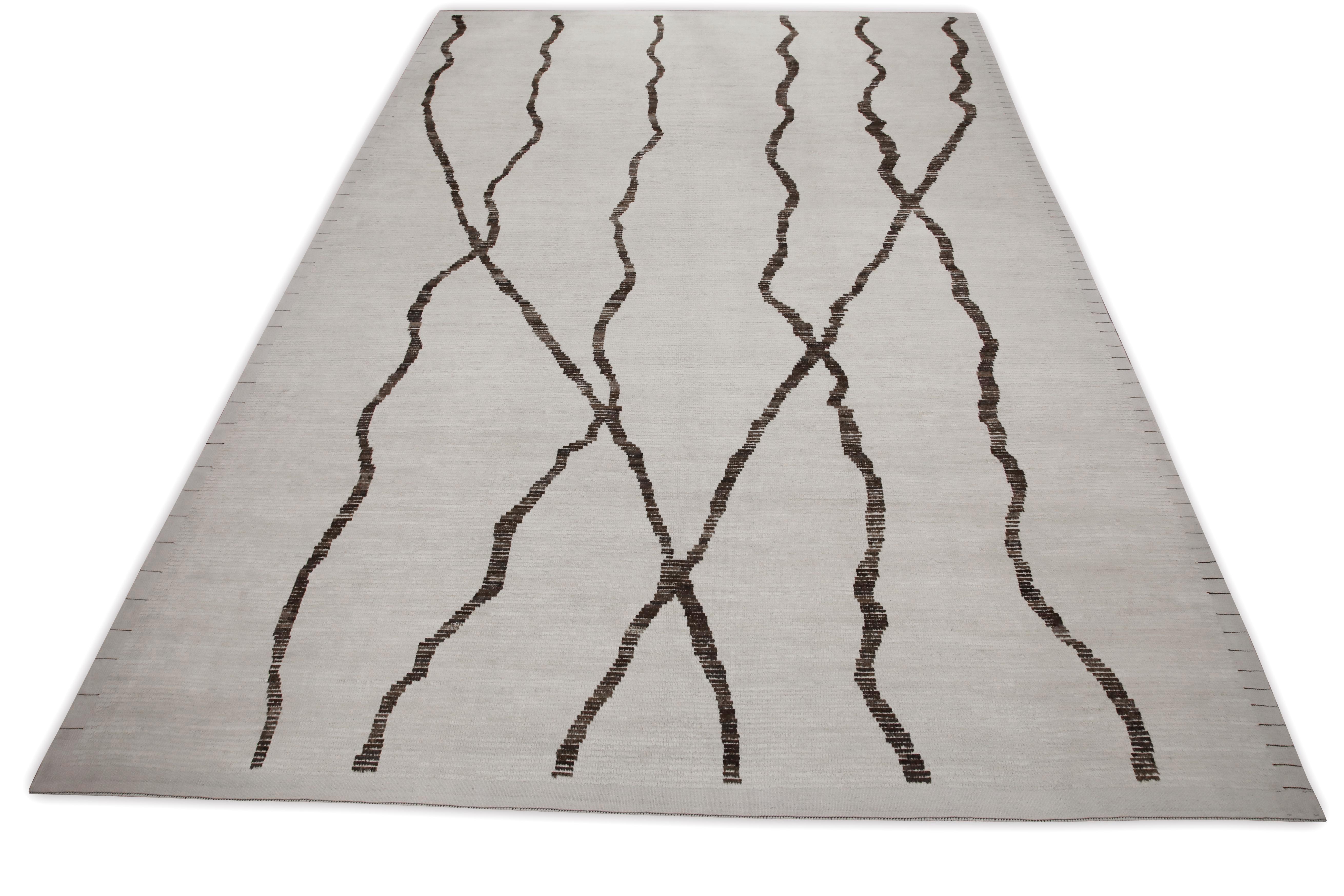 Contemporary Beige & Brown 21st Century Modern Moroccan Style Wool Rug 10'1