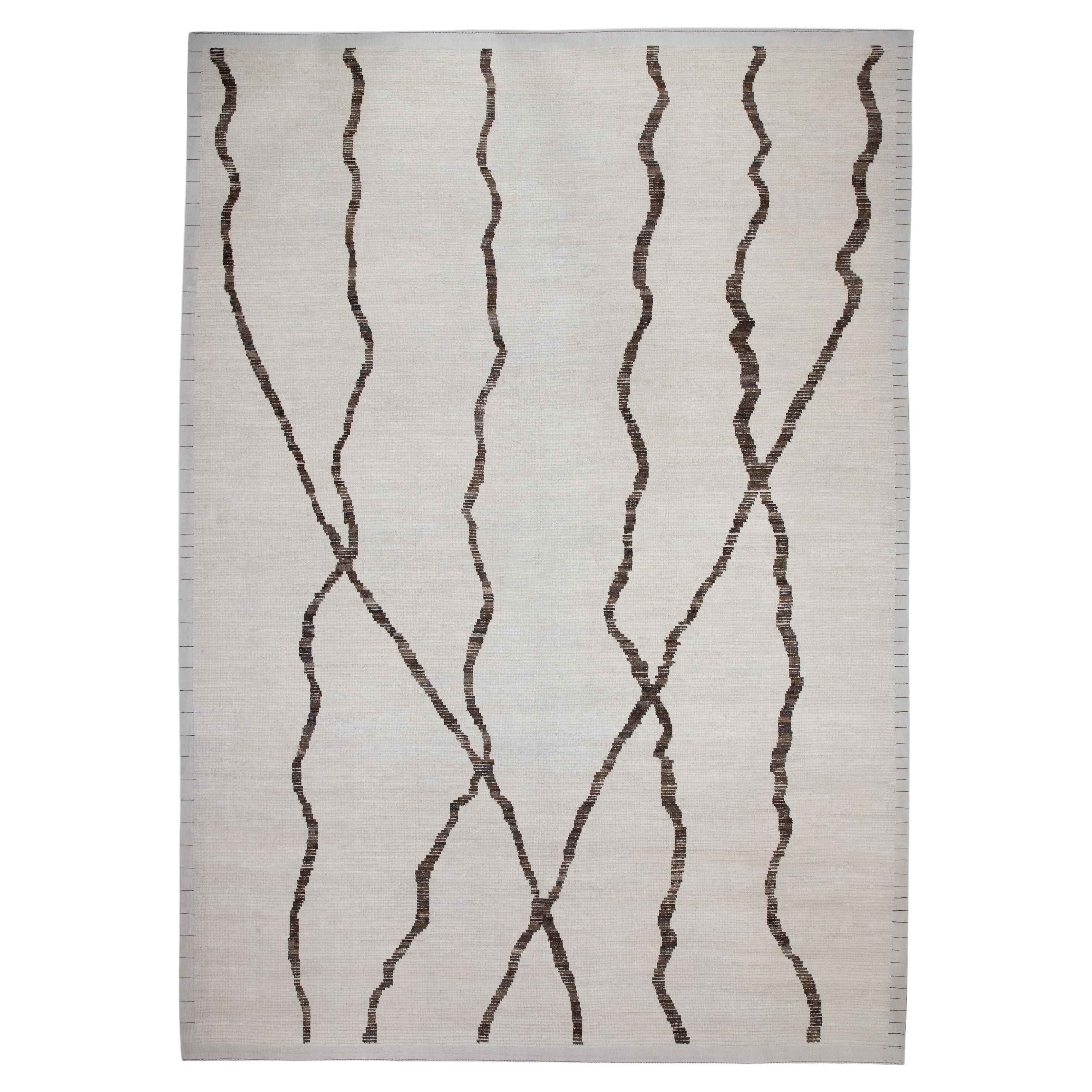 Beige & Brown 21st Century Modern Moroccan Style Wool Rug 10'1" X 14'5" For Sale