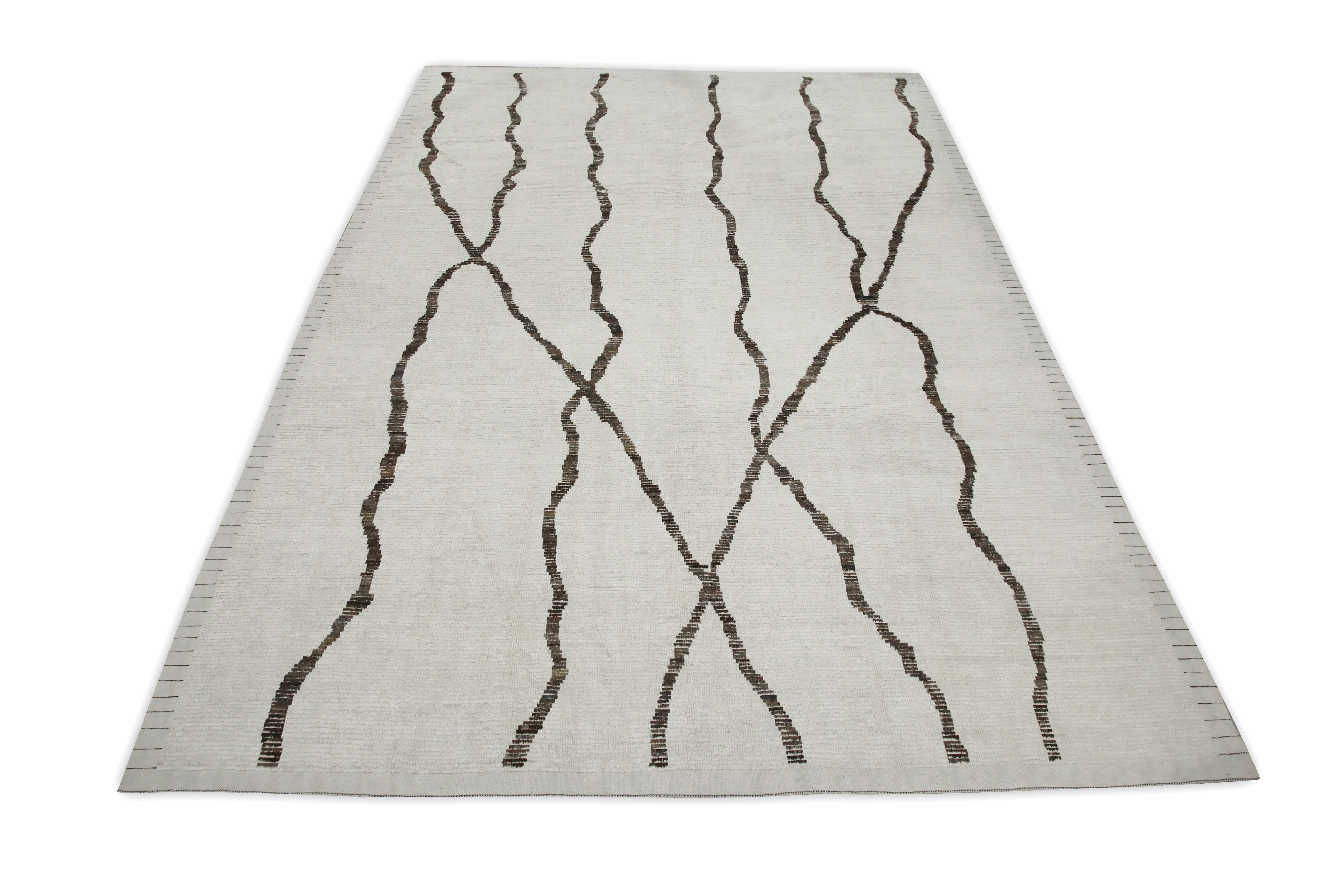 Contemporary Beige & Brown 21st Century Modern Moroccan Style Wool Rug 9'7