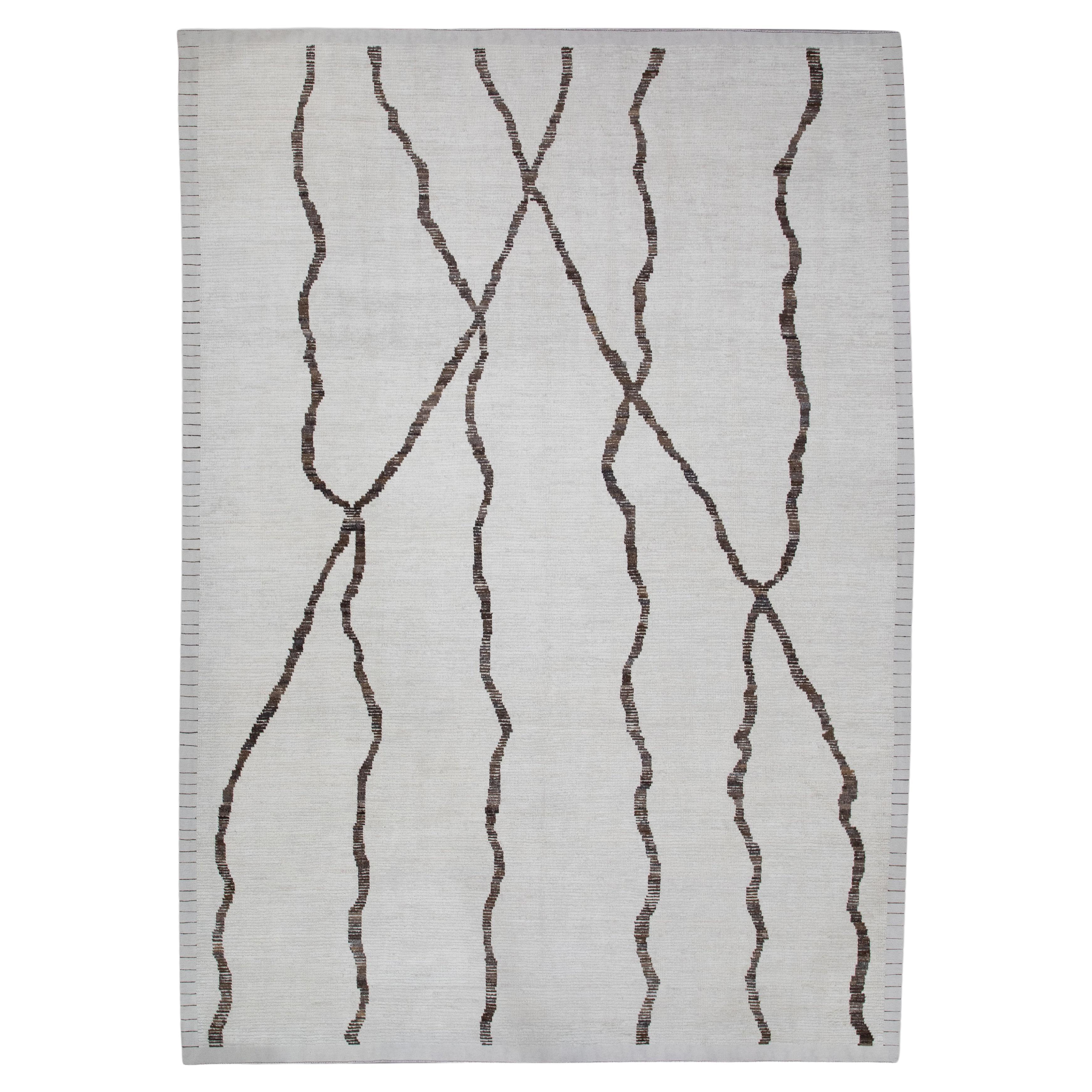 Beige & Brown 21st Century Modern Moroccan Style Wool Rug 9'7" X 13'8" For Sale