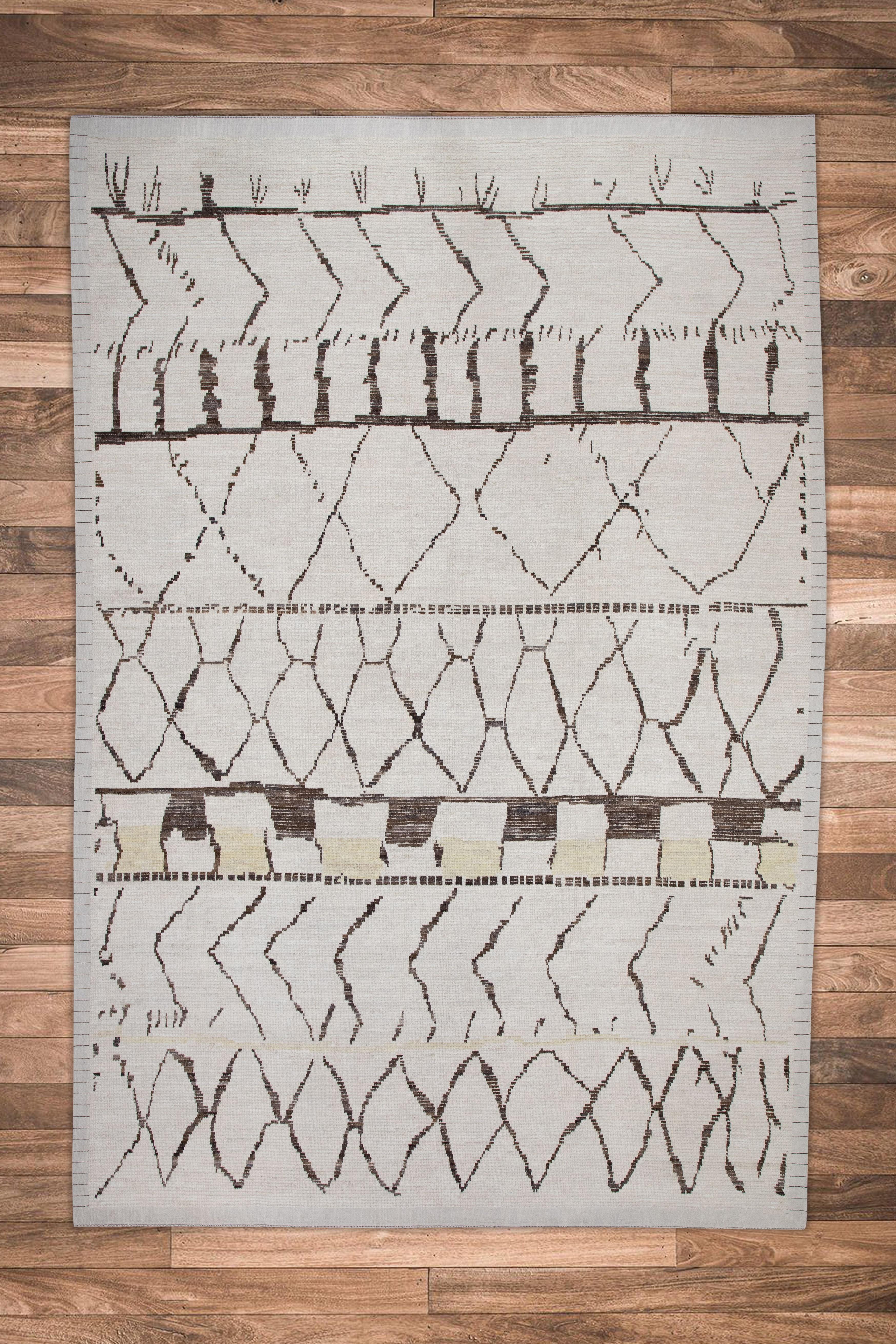 Contemporary Beige & Brown 21st Century Modern Moroccan Style Wool Rug 9'8