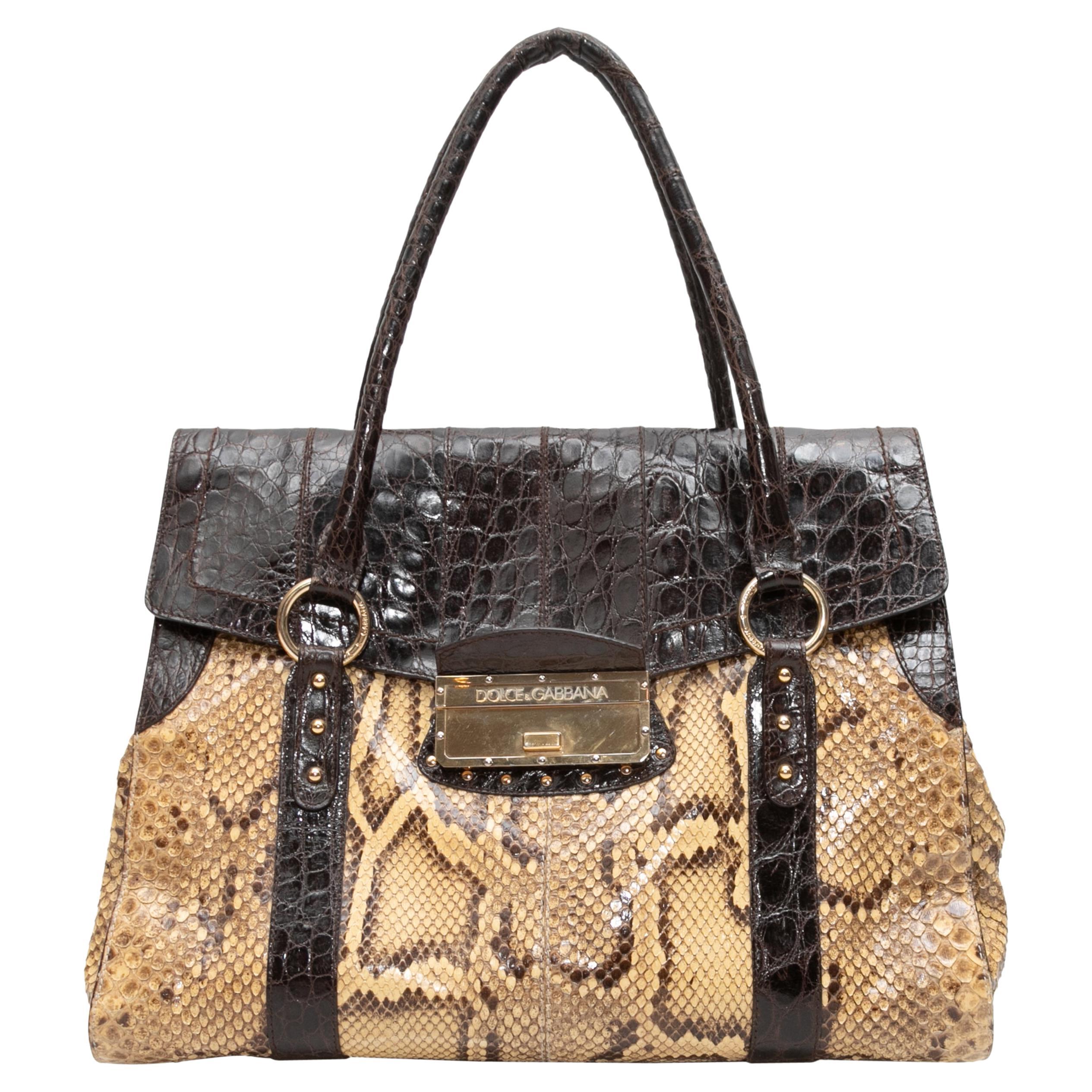 Borsa a manico superiore in pitone beige e marrone di Dolce & Gabbana in vendita