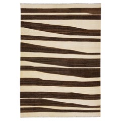 Beige & Brauner flachgewebter türkischer Wollteppich mit abstraktem Motiv (Kilim)