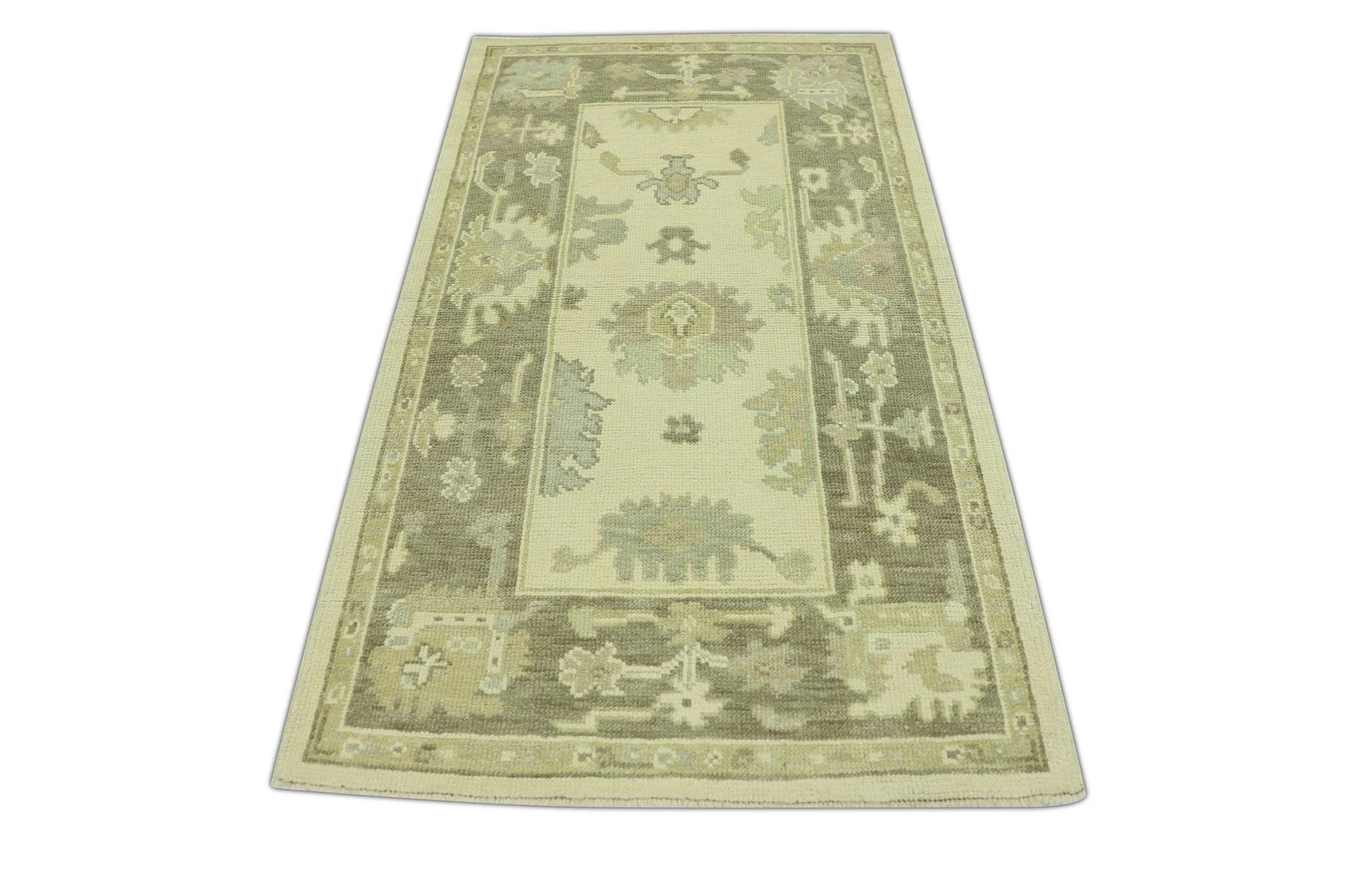 Tintura vegetale Tappeto Oushak turco in lana intrecciata a mano beige e marrone 3' x 5'2