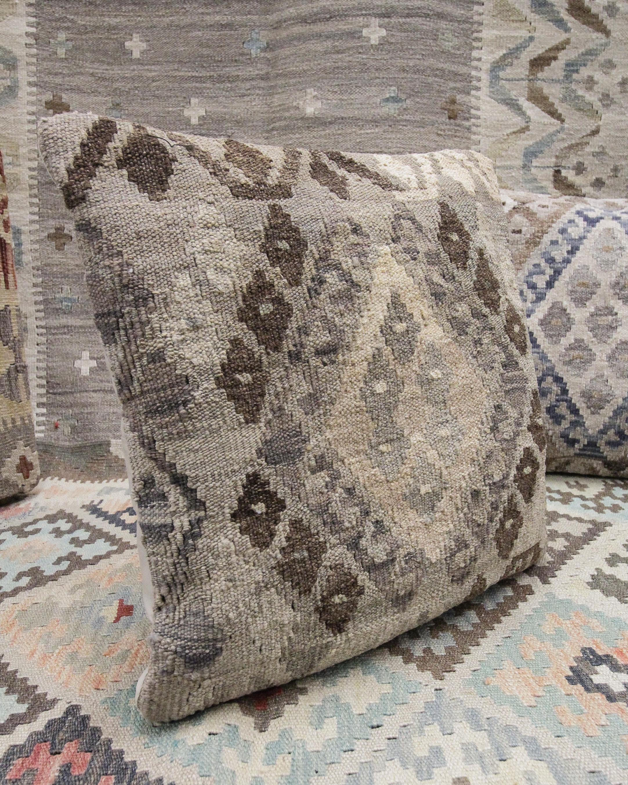 Afghan Beige Brown Kilim Cushion Cover Modern Handmade Wool Scatter Pillow