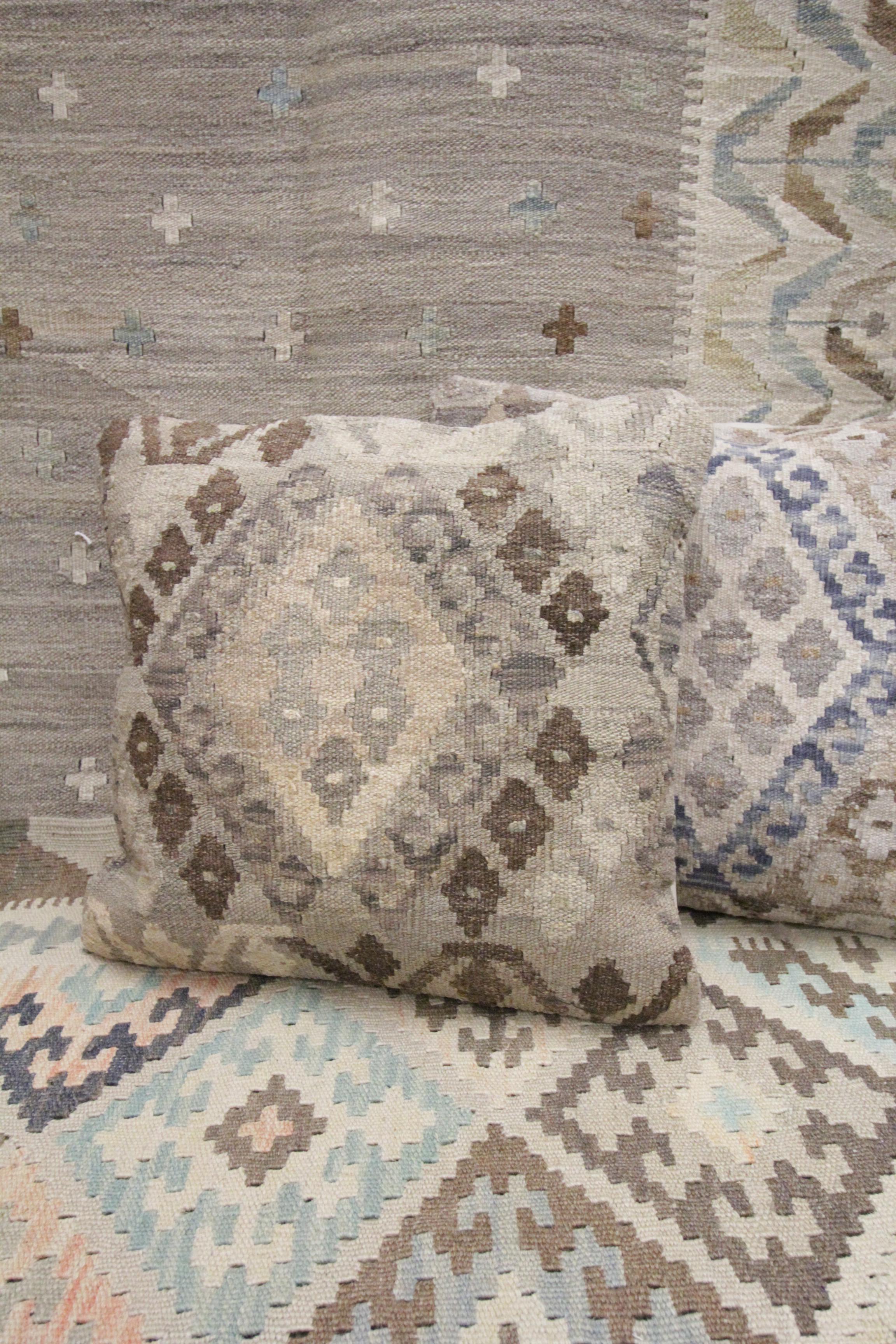 Contemporary Beige Brown Kilim Cushion Cover Modern Handmade Wool Scatter Pillow