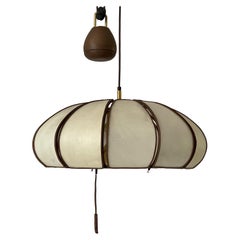 Beige & Brown Leather Adjustable Counterweight Pendant Lamp, 1960s, Germany