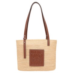 Beige & Brown Loewe Small Square Straw Anagram Basket Tote