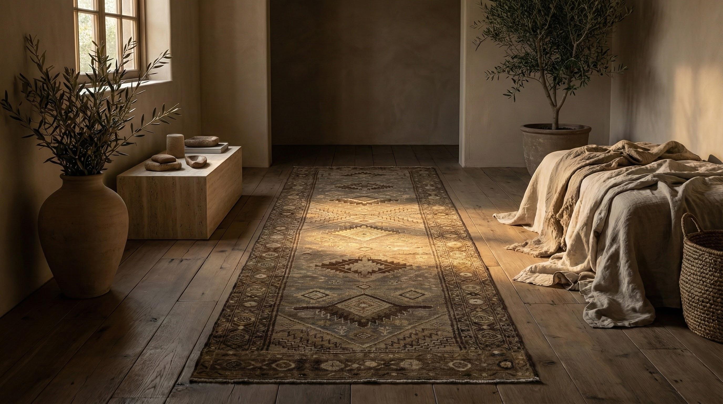 Ce chemin de table antique persan noué à la main mesure environ 2 ft 8 in x 9 ft 6 in (environ 0,81 m x 2,90 m) et s'inscrit dans la catégorie des chemins de table de galerie, idéale pour les couloirs et les passages de transition. Entièrement