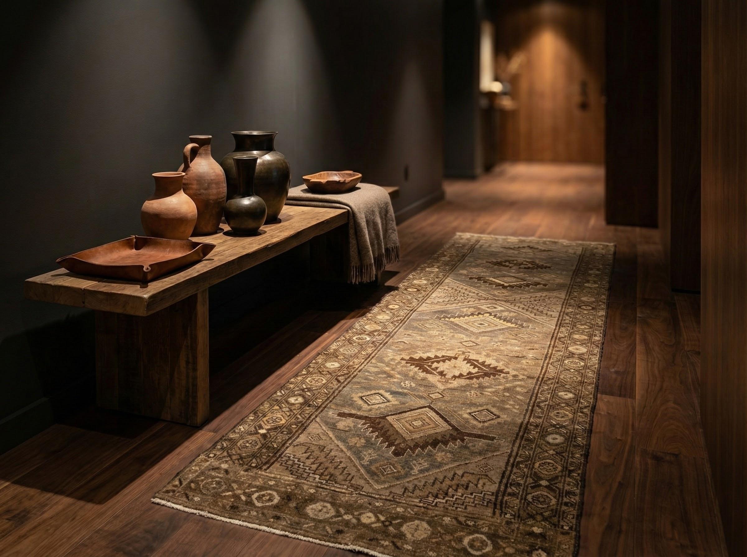 Perse Tapis de course beige brun en laine persane nouée à la main, 2 pieds x 9 pieds, Tribal Medallion Path en vente