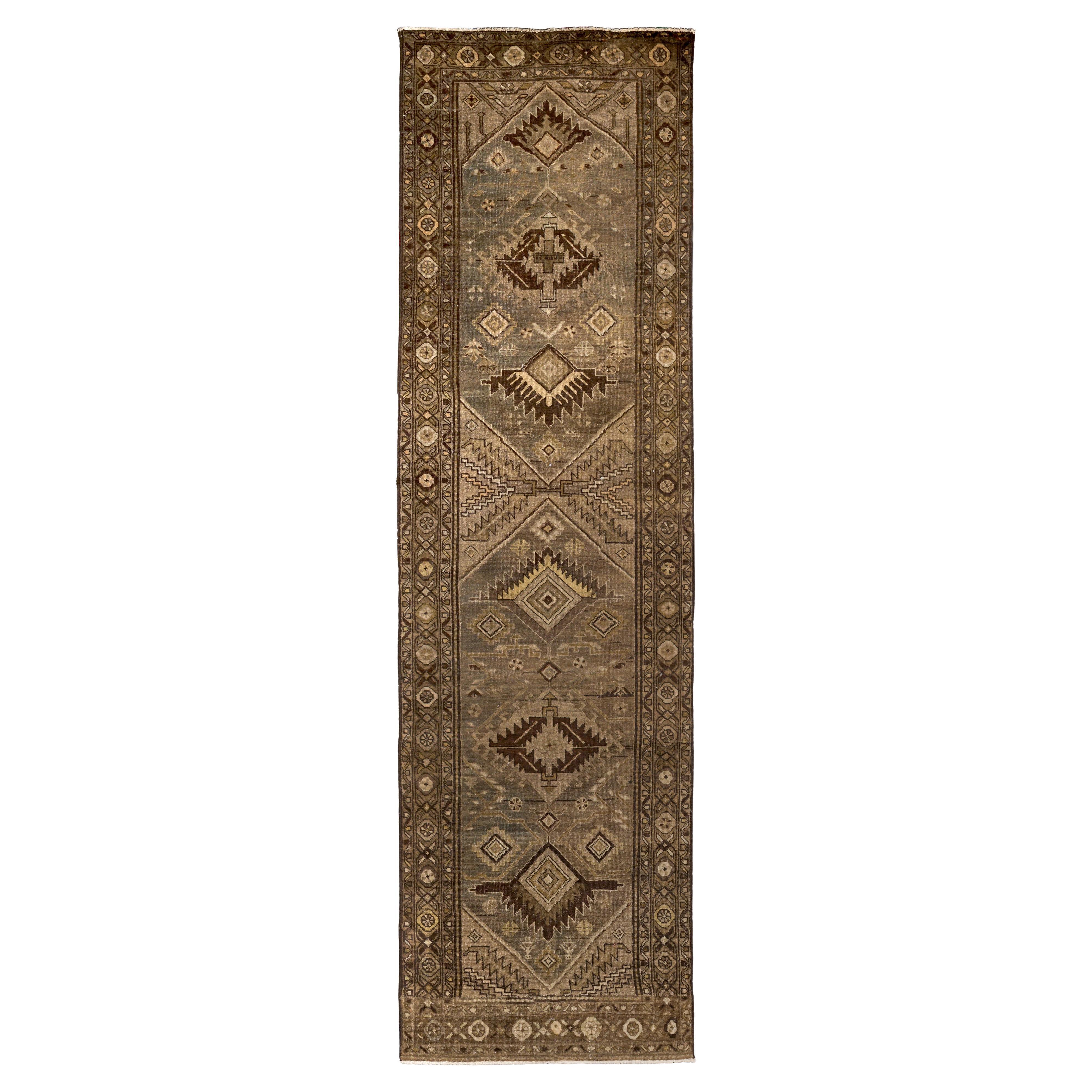 Beige Brown Persian Wool Hand Knotted Runner 2 ft x 9 ft, Tribal Medallion Path