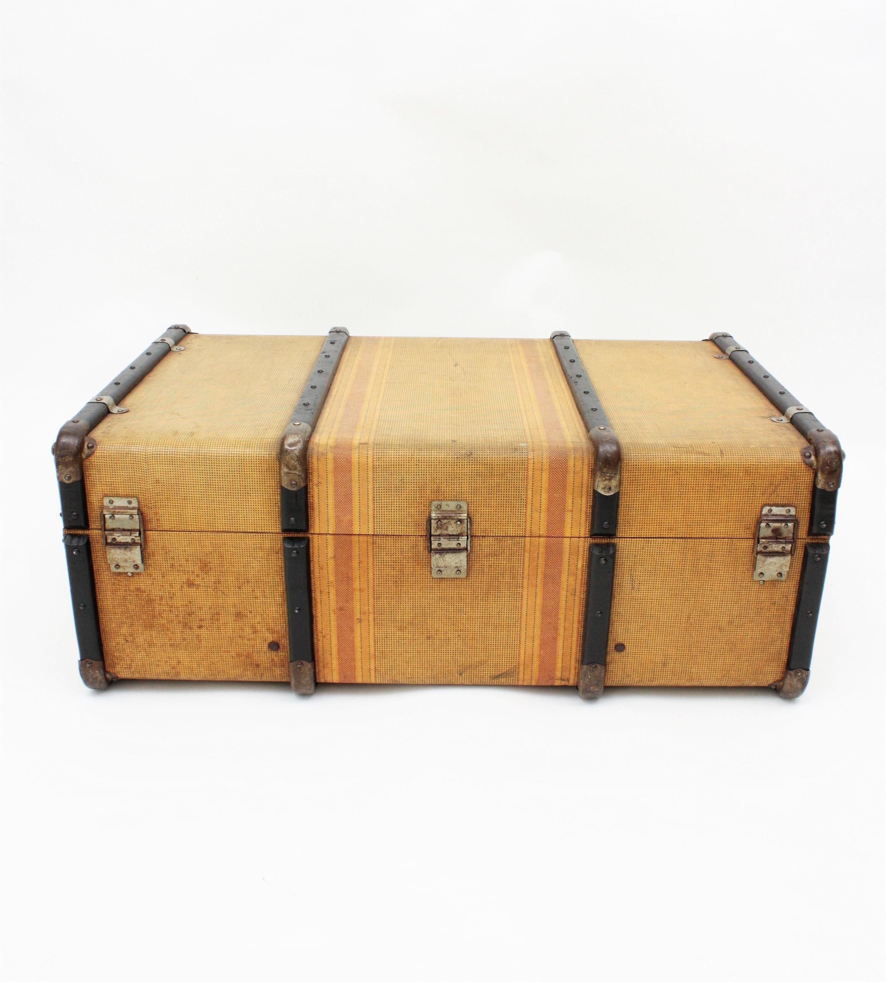 Metal Beige Canvas Cabin Trunk by Innovation For Sale