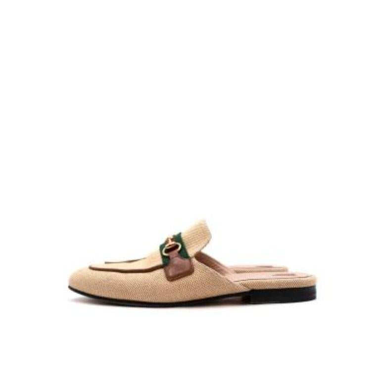 Gucci Beige Canvas Web Stripe Princetown Loafers
 

 - Iconic Princetown style rendered in beige canvas trimmed with red and green webbing and a gold-tone metal horsebit
 - Backless, slips on
 - Leather lined, leather sole 
 

 Materials: 
 Leather
