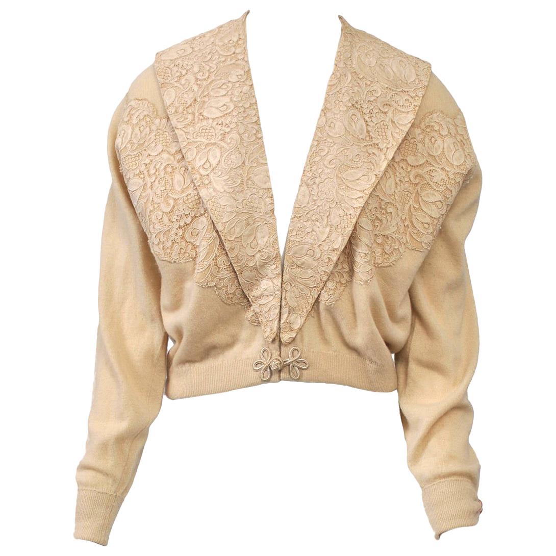 Beige Cashmere Cardigan with Lace