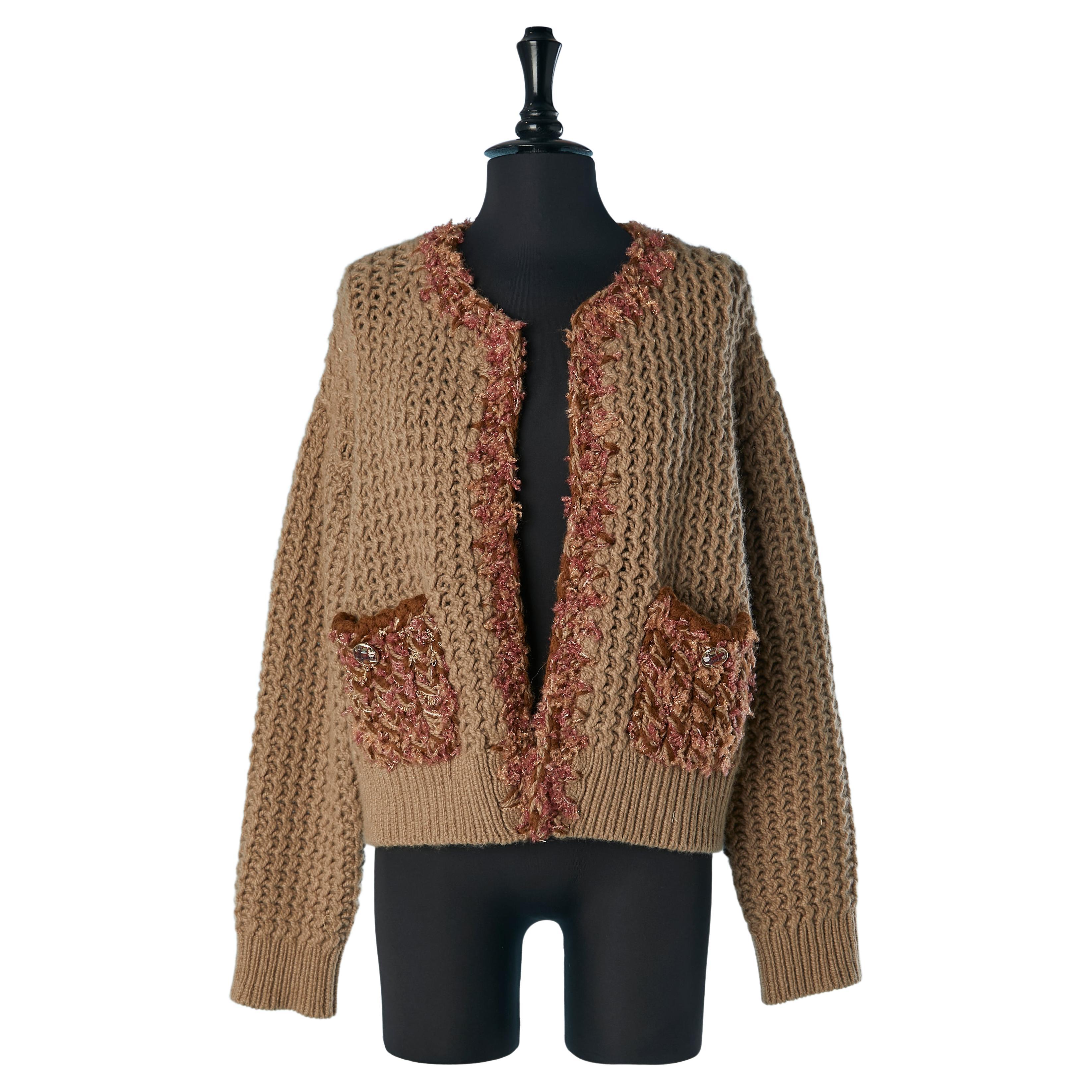 Beige cashmere cardigan with lurex edge and pocket with jewellery button Chanel  For Sale