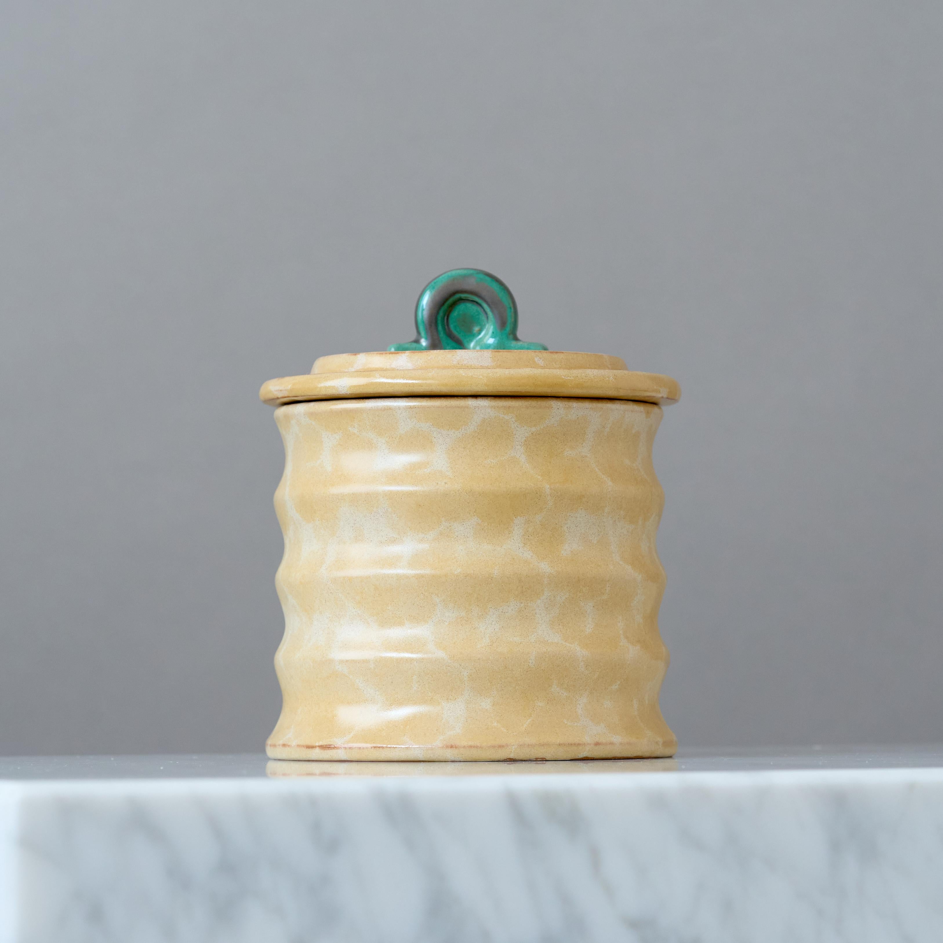 Swedish Beige Ceramic Art Deco Lidded Box by Upsala Ekeby, Sweden, 1930s. For Sale