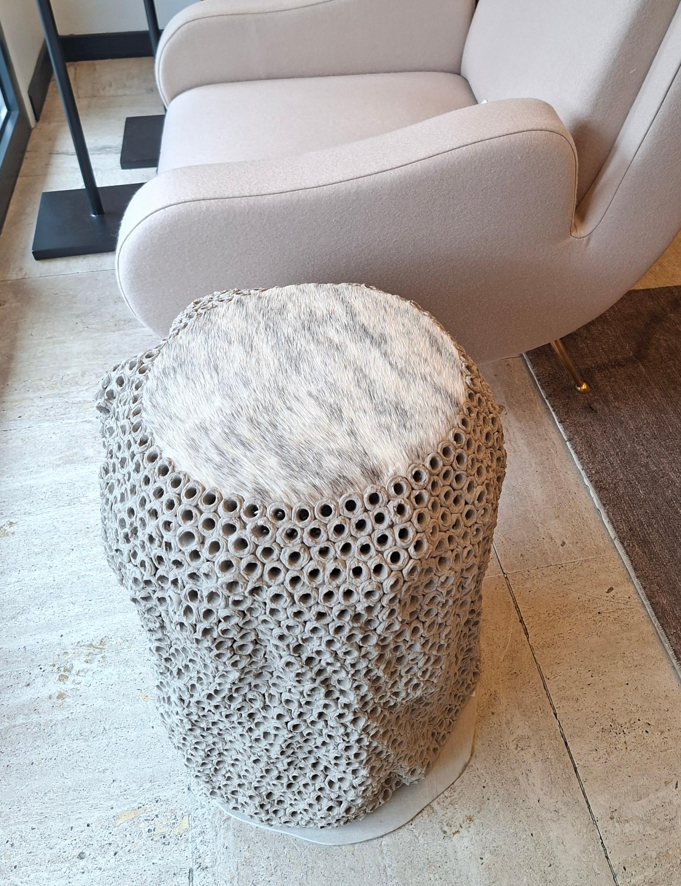 Beige pierced ceramic end table or stool by Gilles Caffier, leather top, signed, dated, and numbered /30
36 x 39.8 x 47
2011
23/30
Signature with Gilles Caffier Paris plaque

